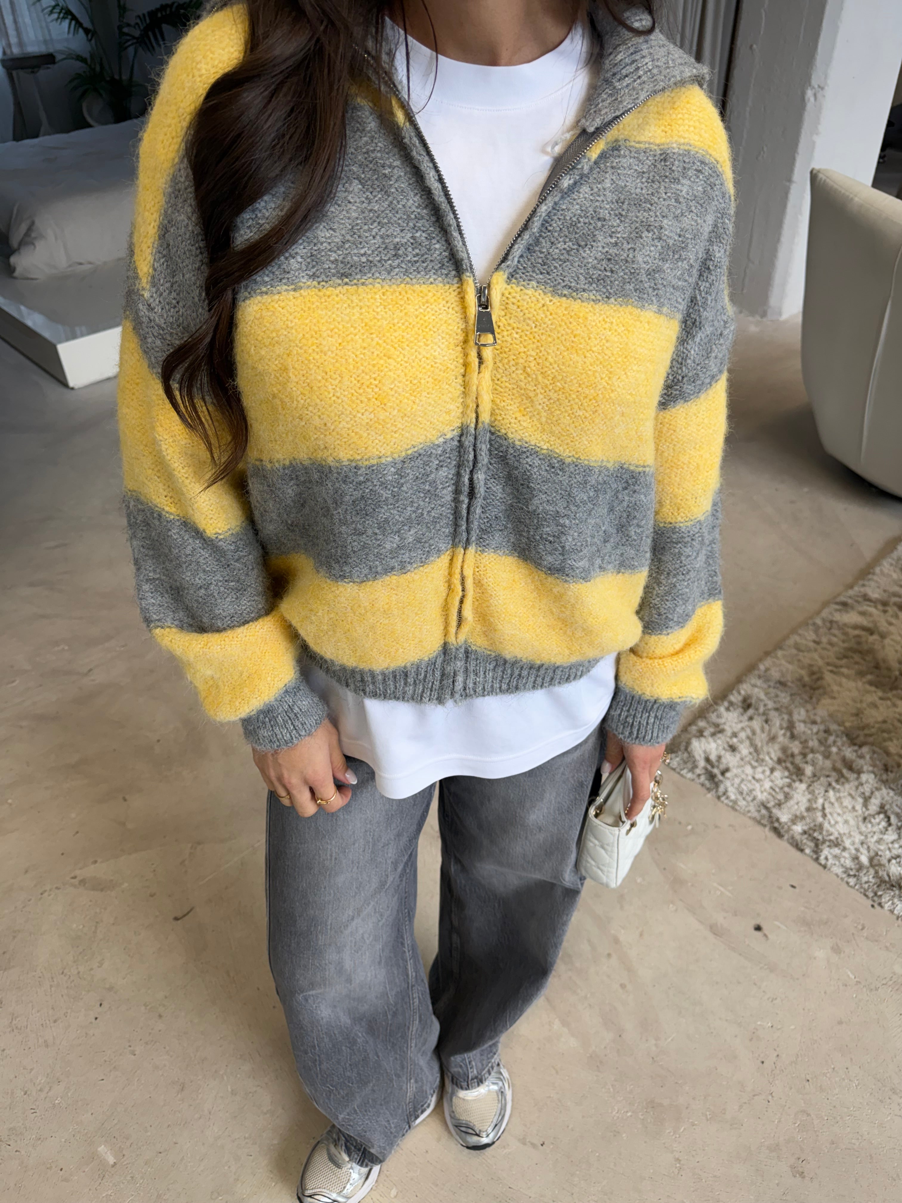 Gilet JUMS zip rayures jaune/gris