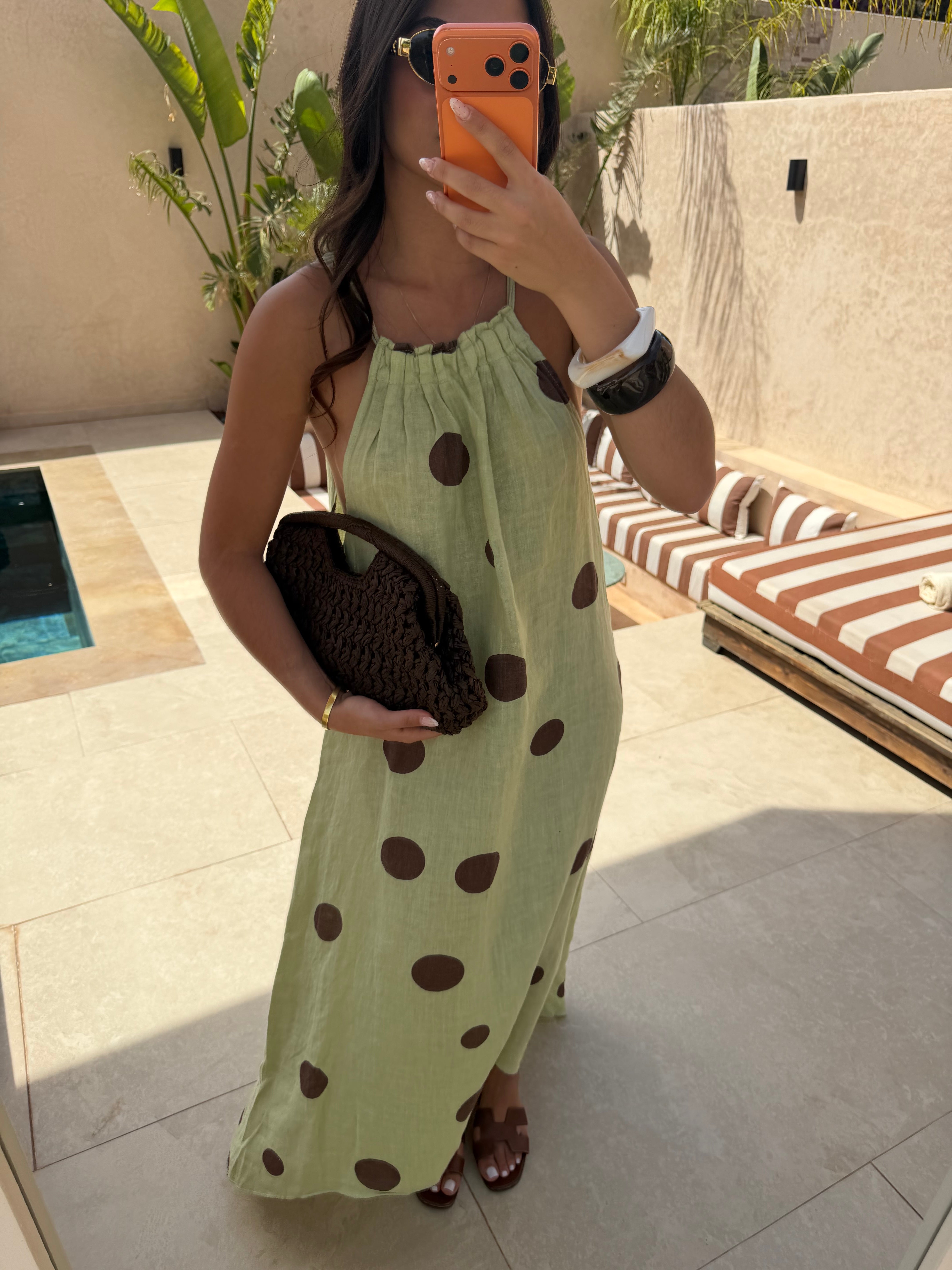 Robe lin à pois verte