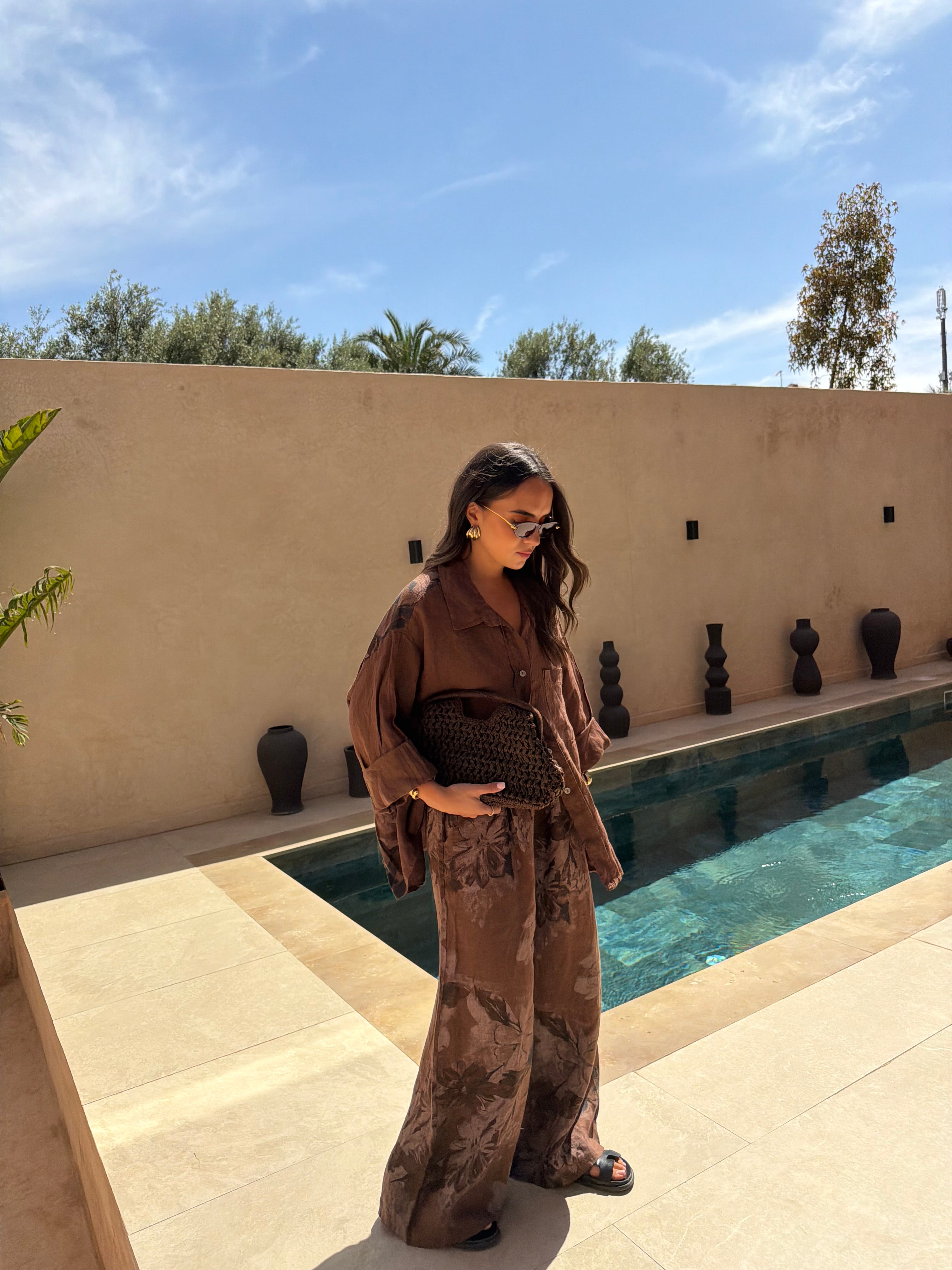 Ensemble noble fleurie LIN marron