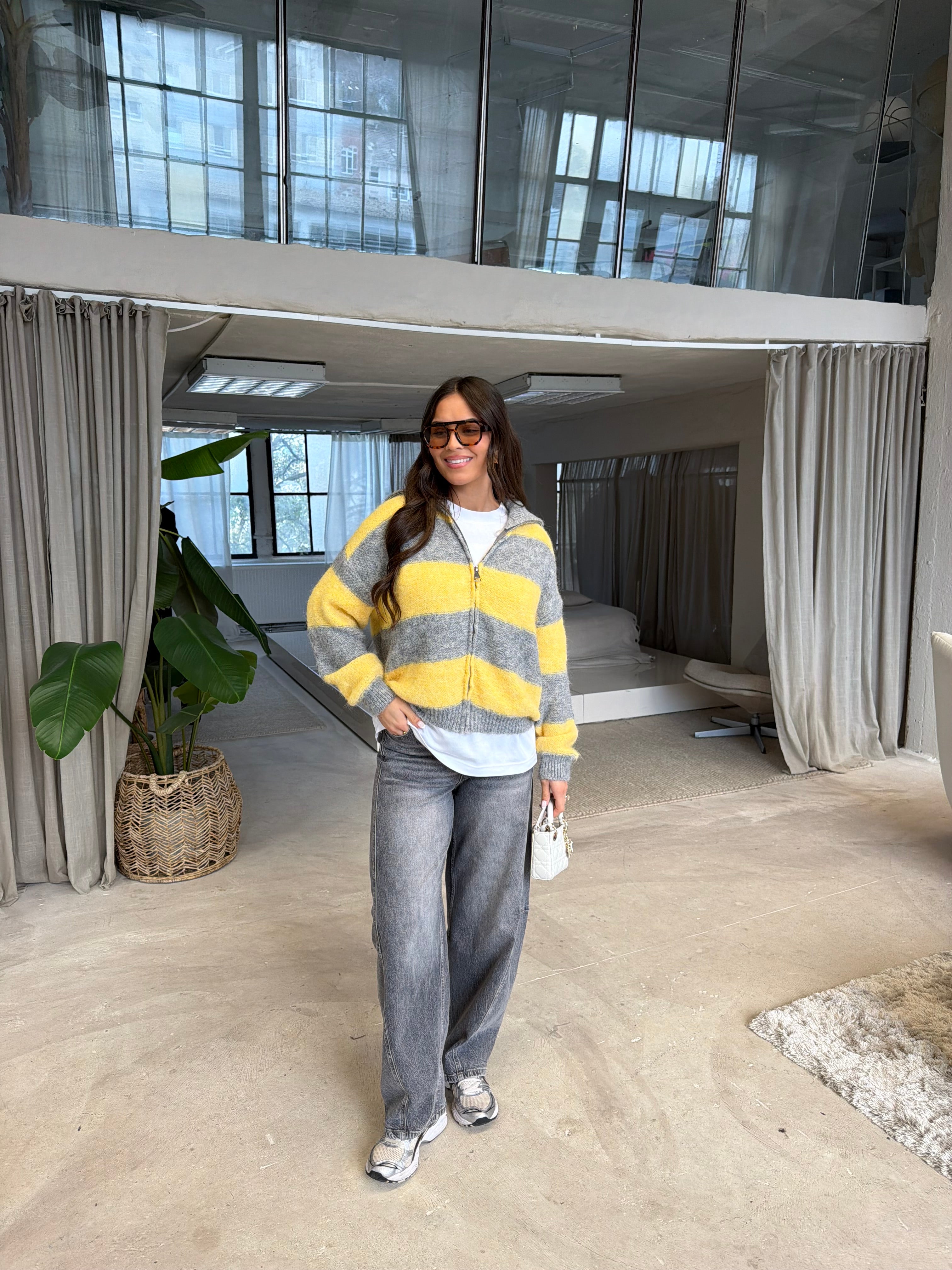 Gilet JUMS zip rayures jaune/gris