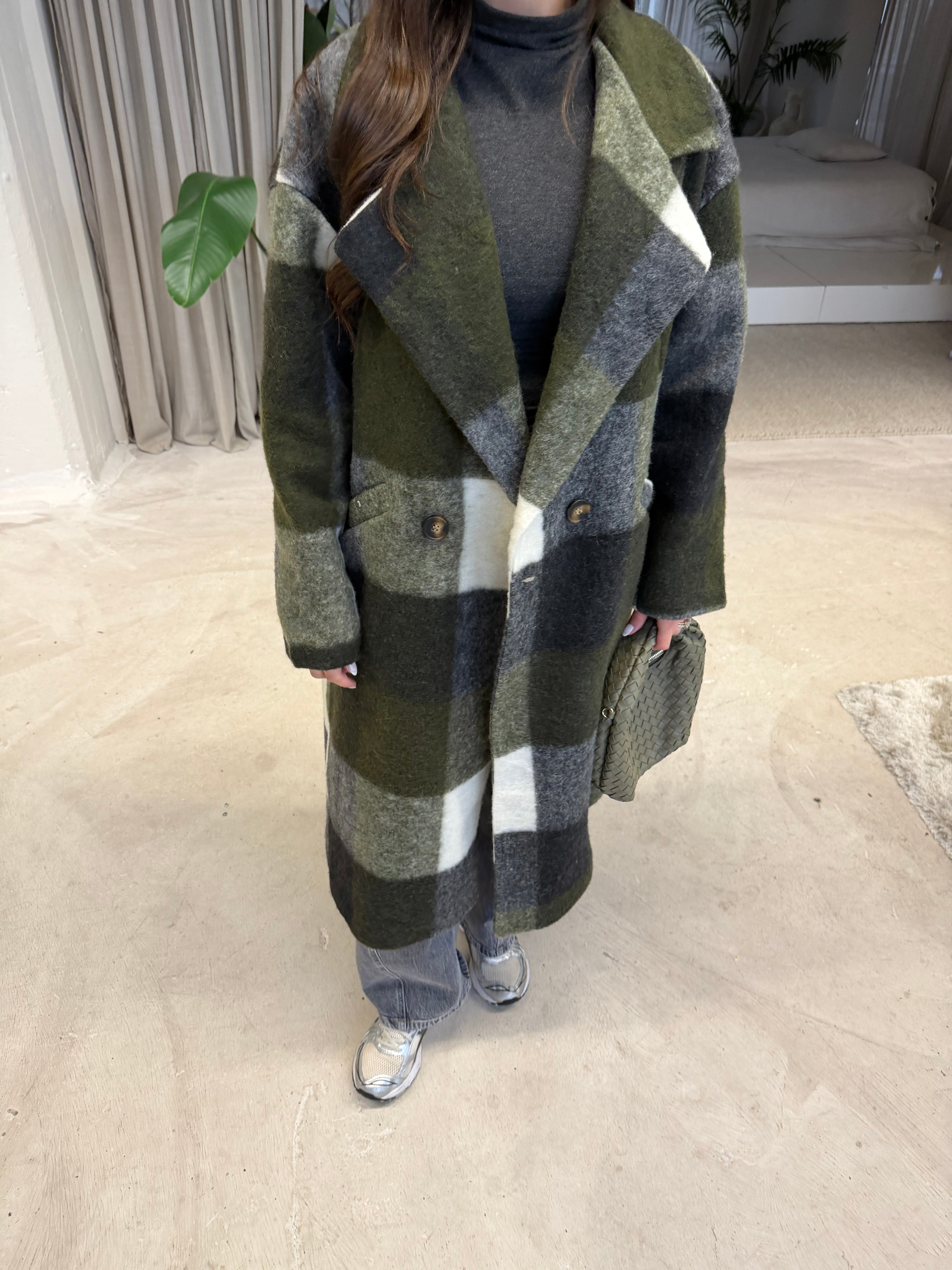 Manteau laine à carreaux kaki
