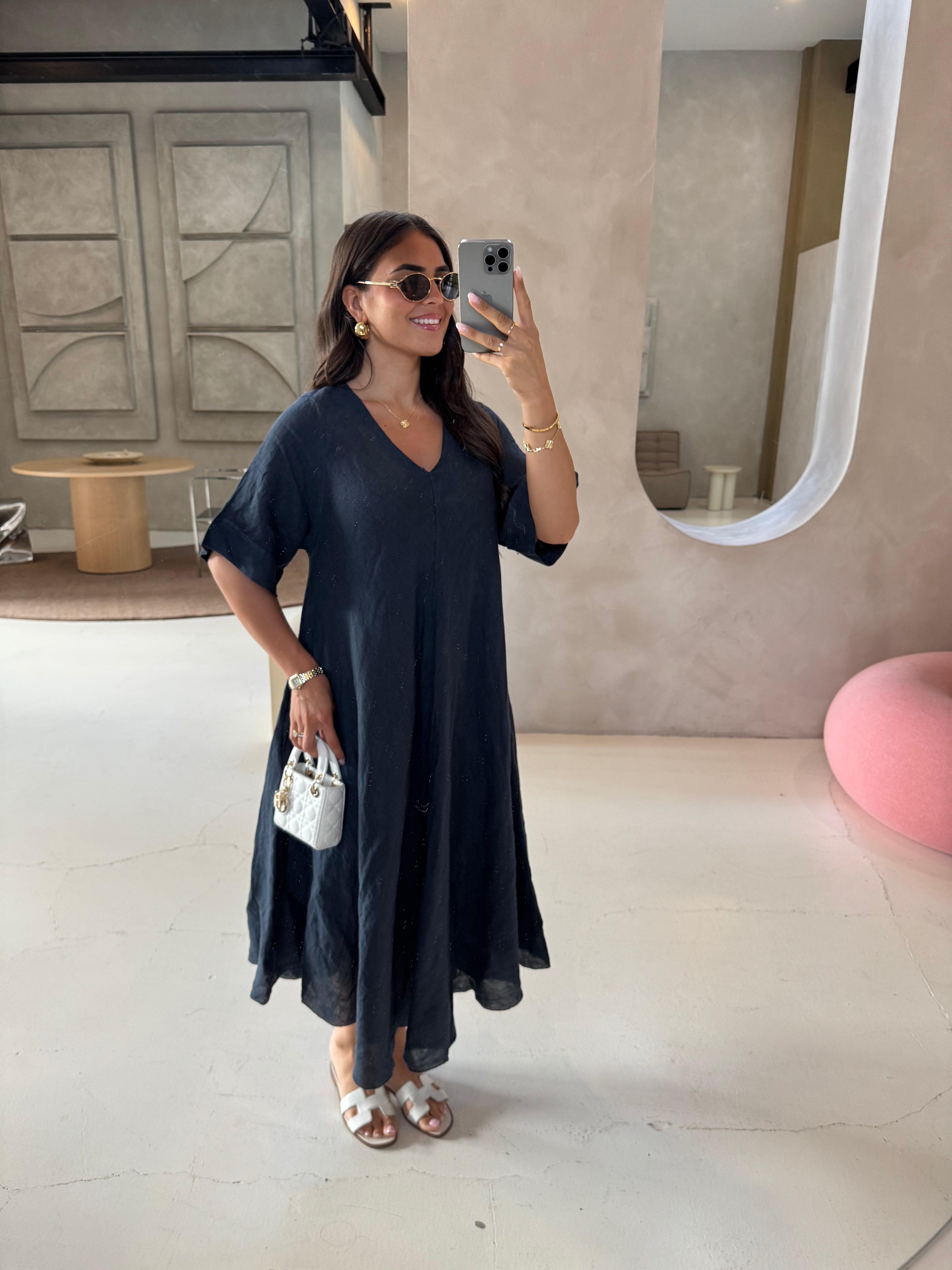 Robe SINAYA longue en lin bleue marine