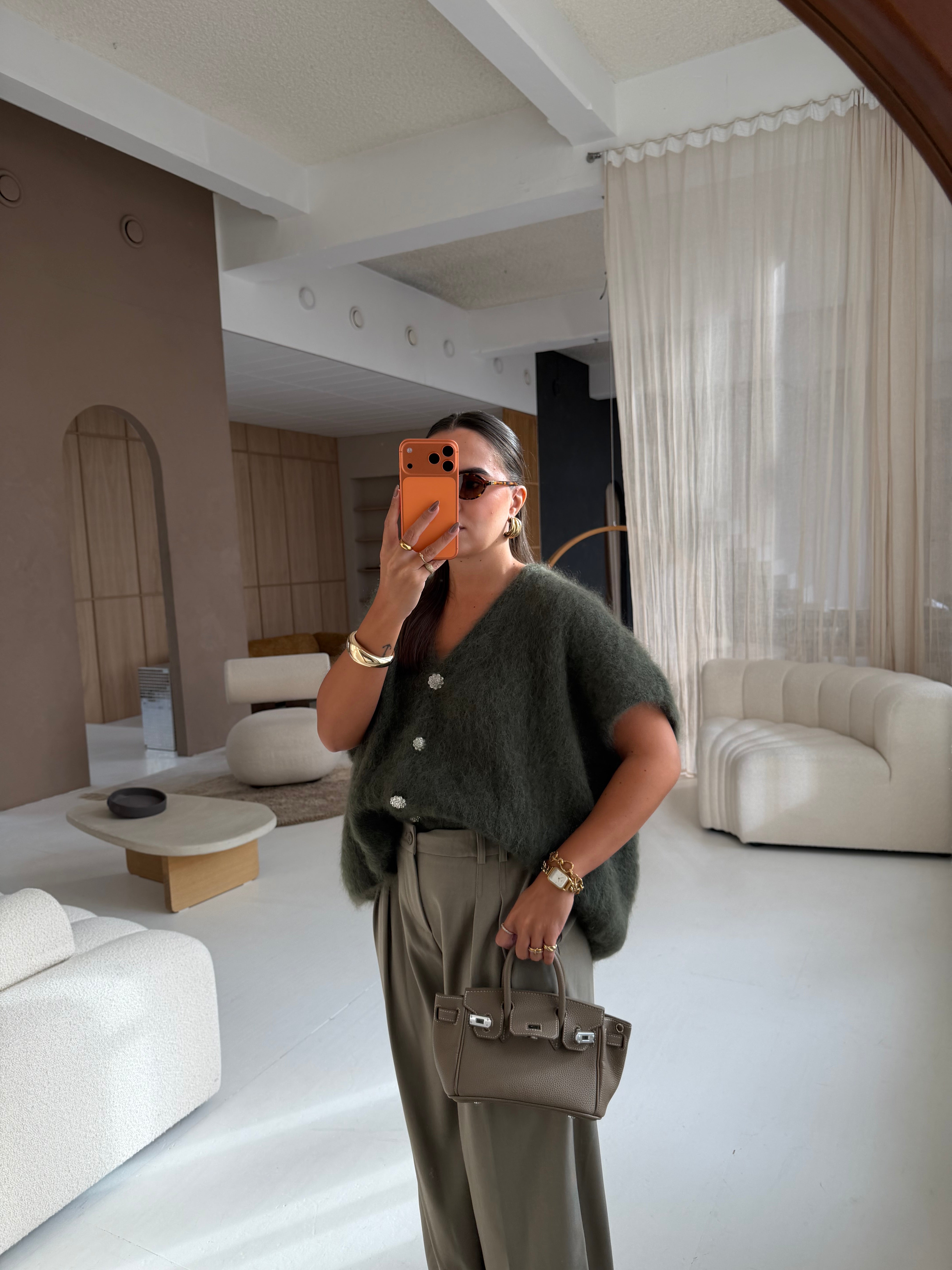 Gilet kid mohair bijoux kaki (24004)