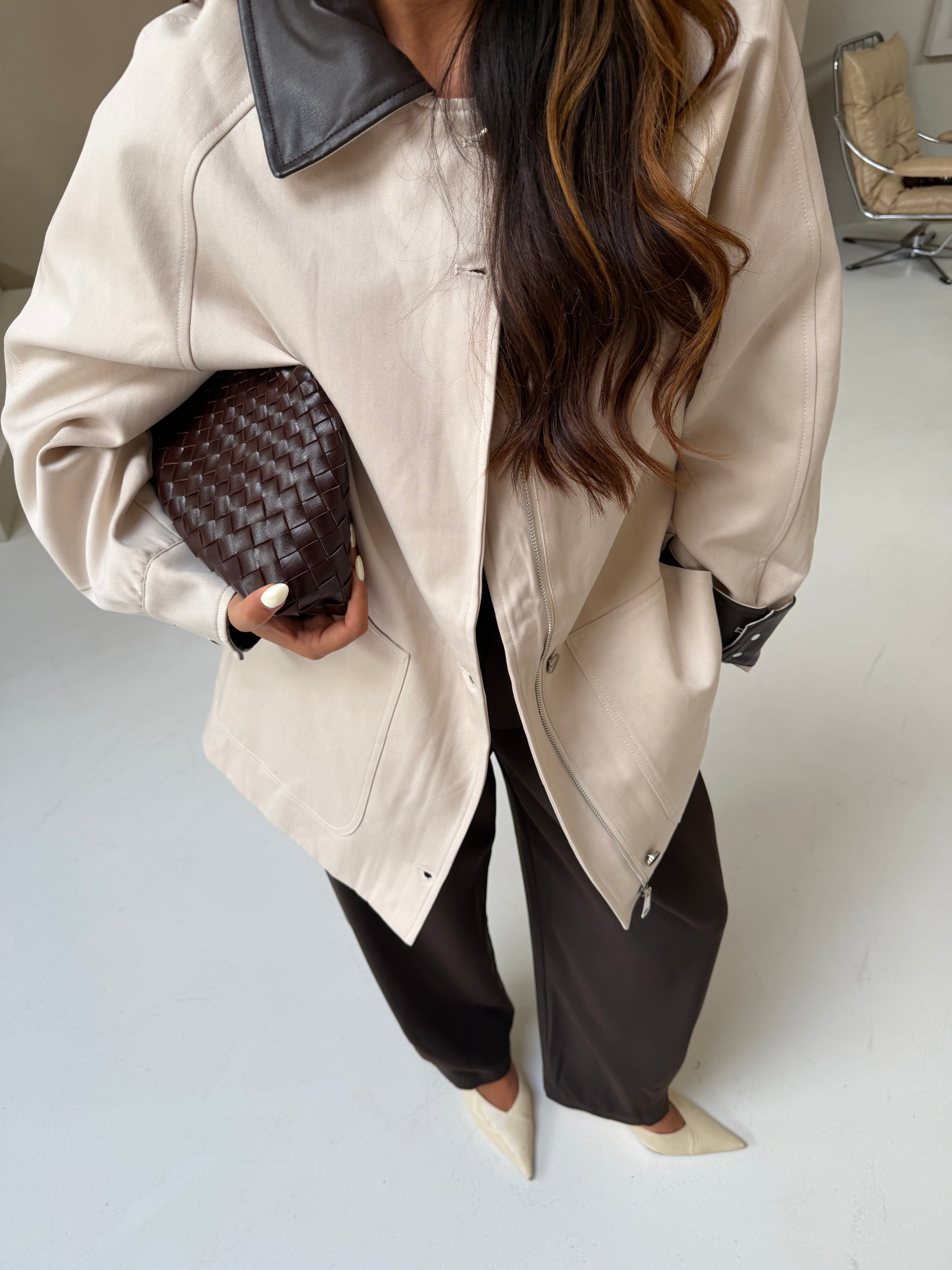 Manteau LUX beige col marron (858)