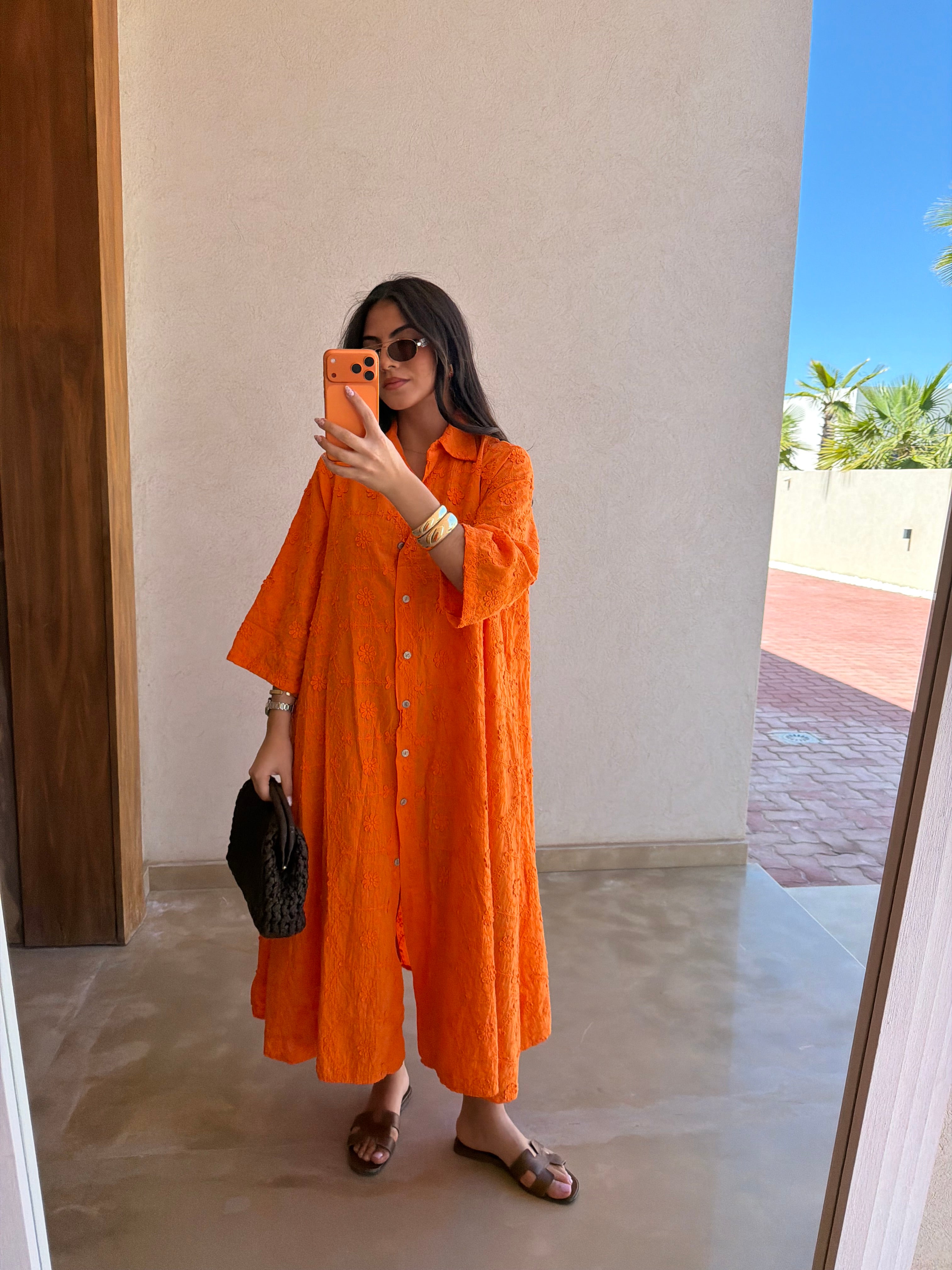 Robe longue en broderie anglaise orange