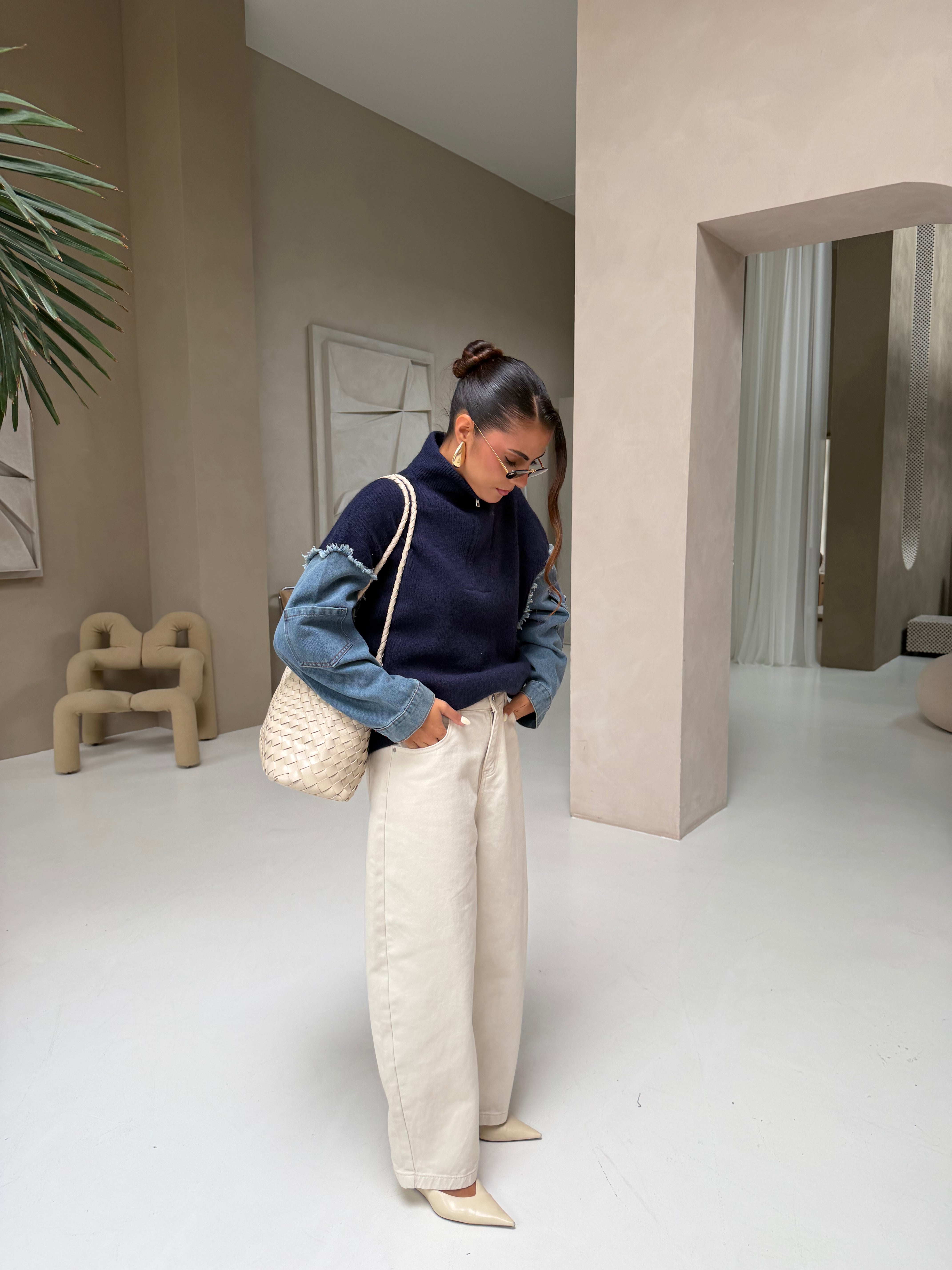 Pull ZIP bi matière bleu (H903)