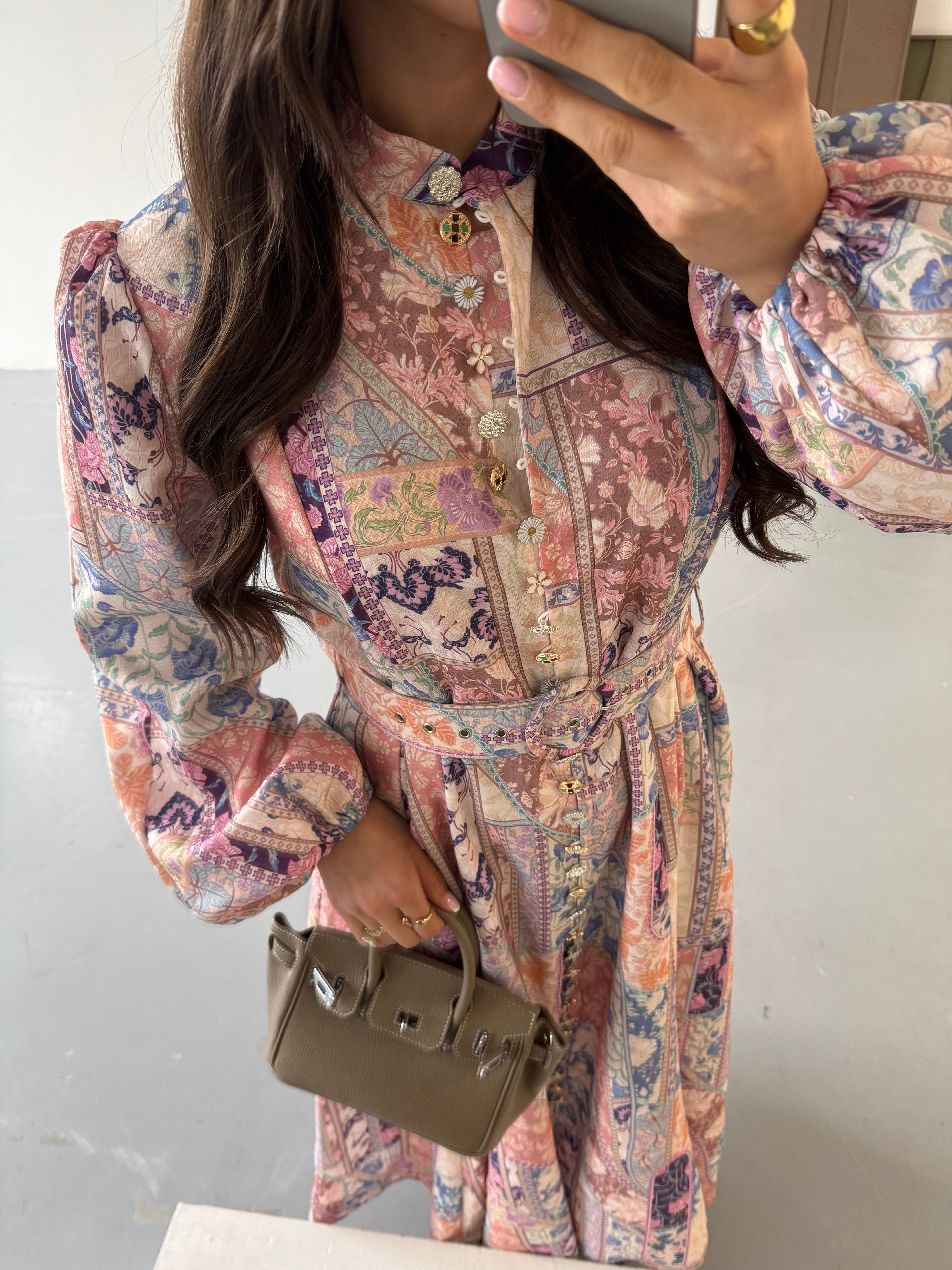 Robe longue rose bouton bijoux (R7996)