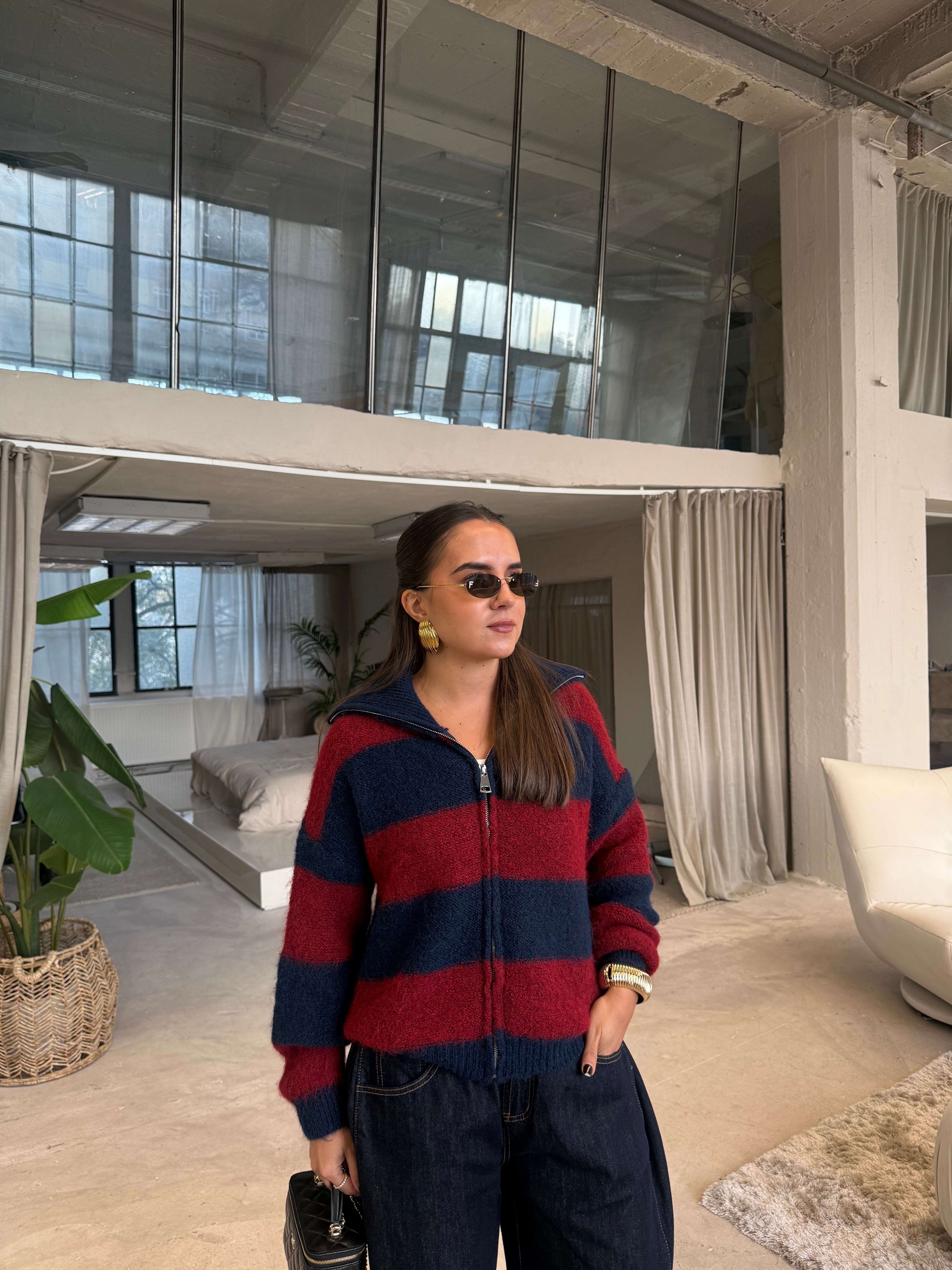 Gilet JUMS zip rayures bleu/rouge