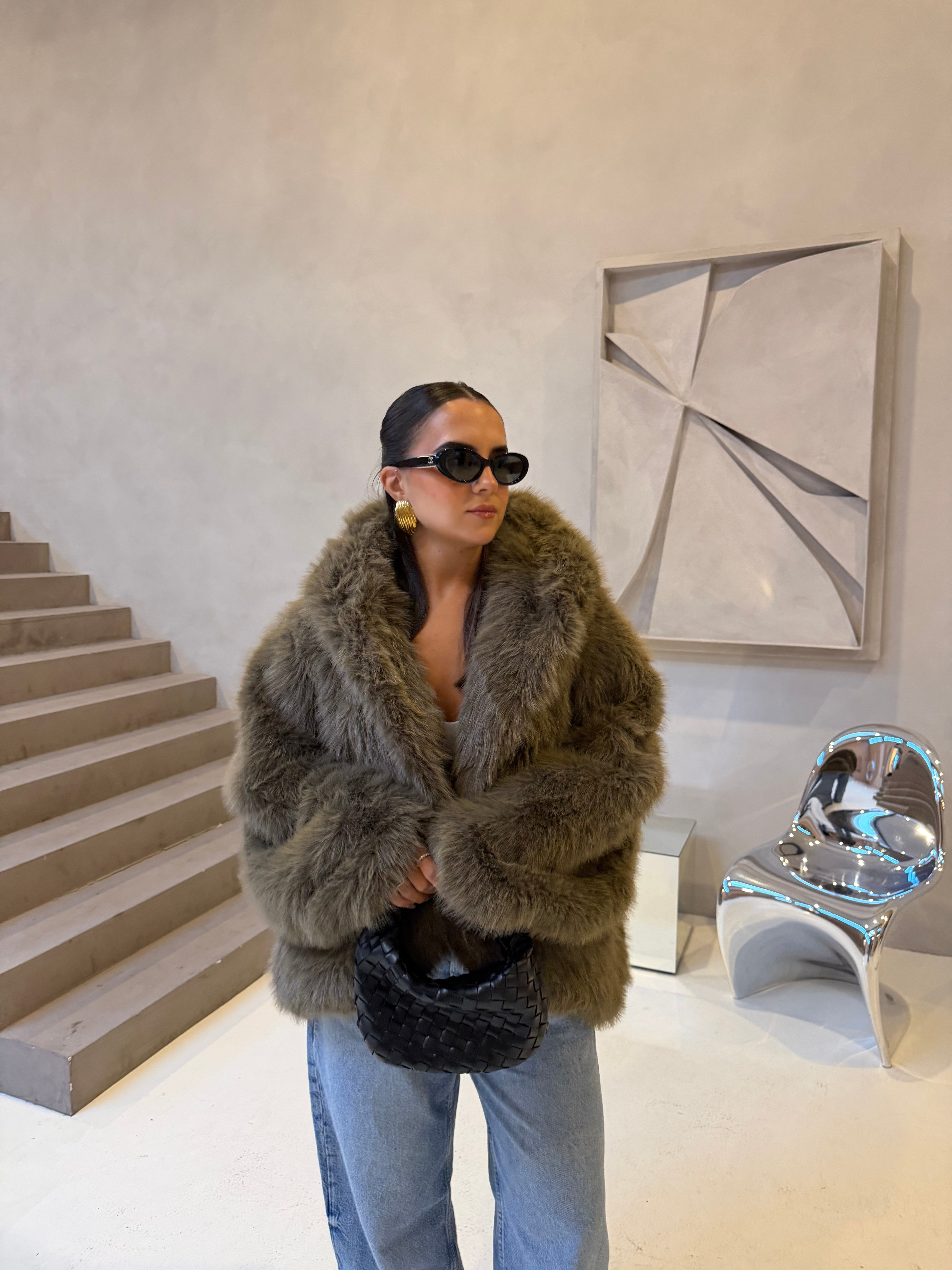 Fourrure vegan MINA capuche kaki (JS6710)