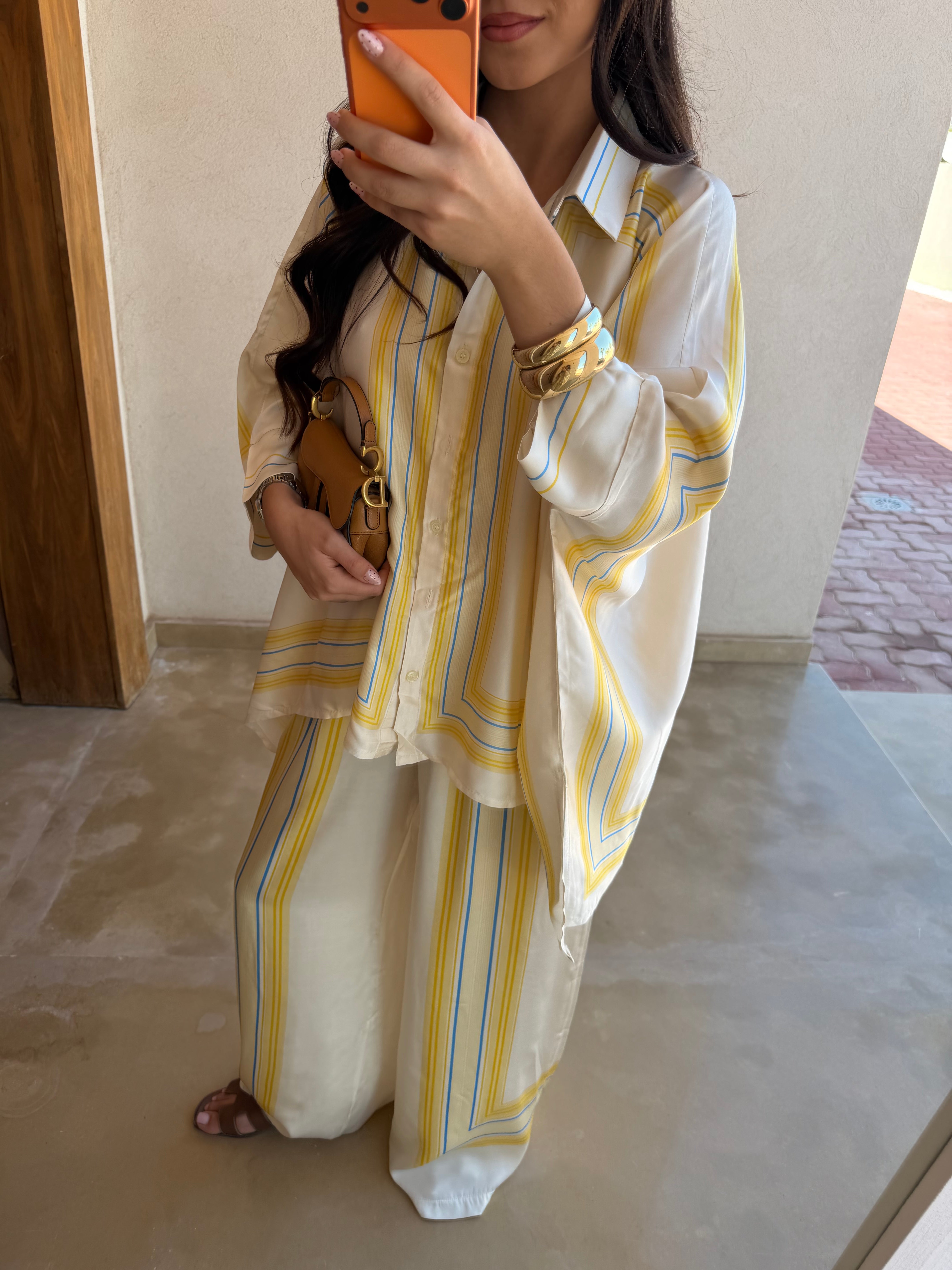 Ensemble soie jaune/bleu