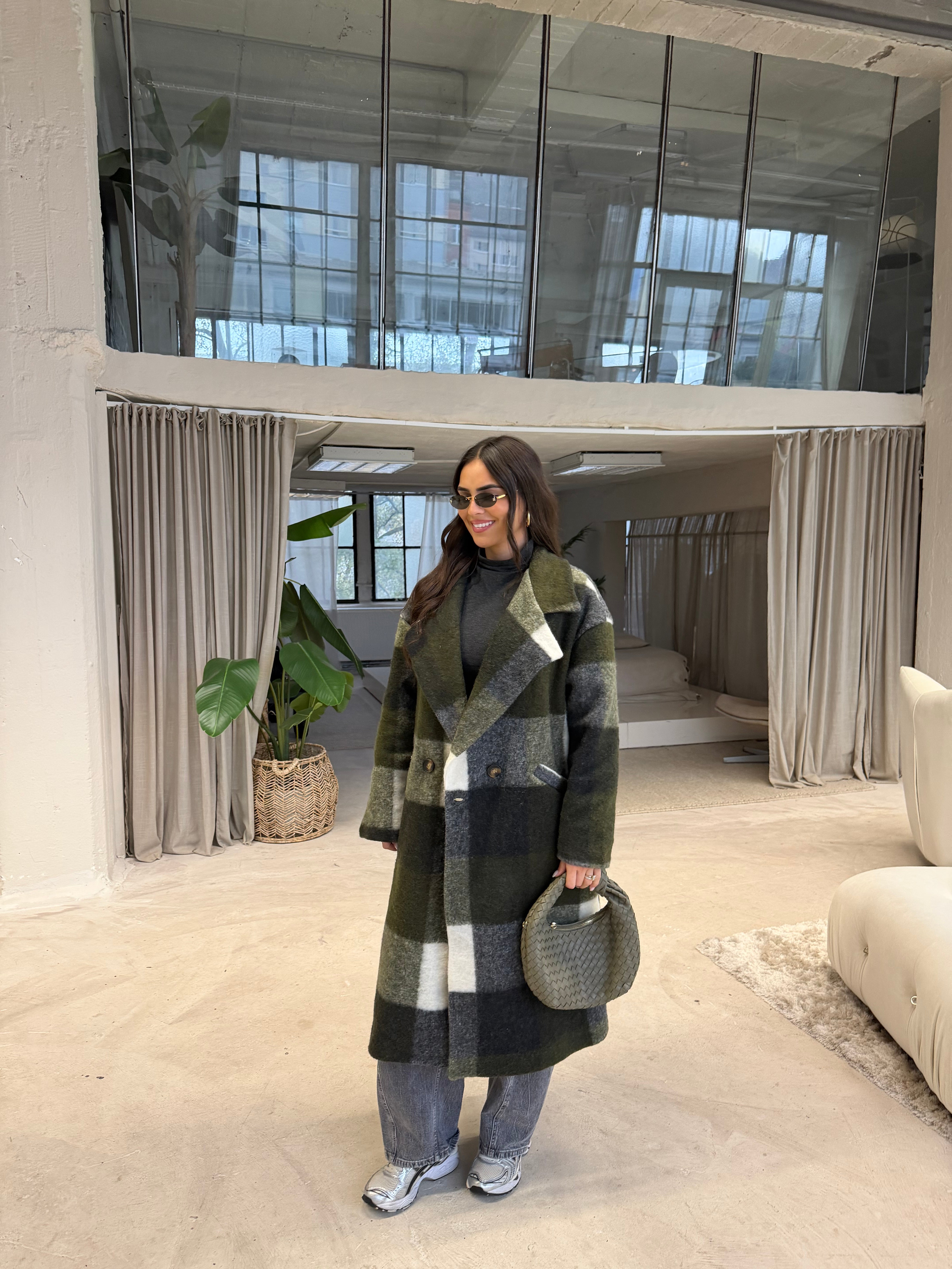 Manteau laine à carreaux kaki