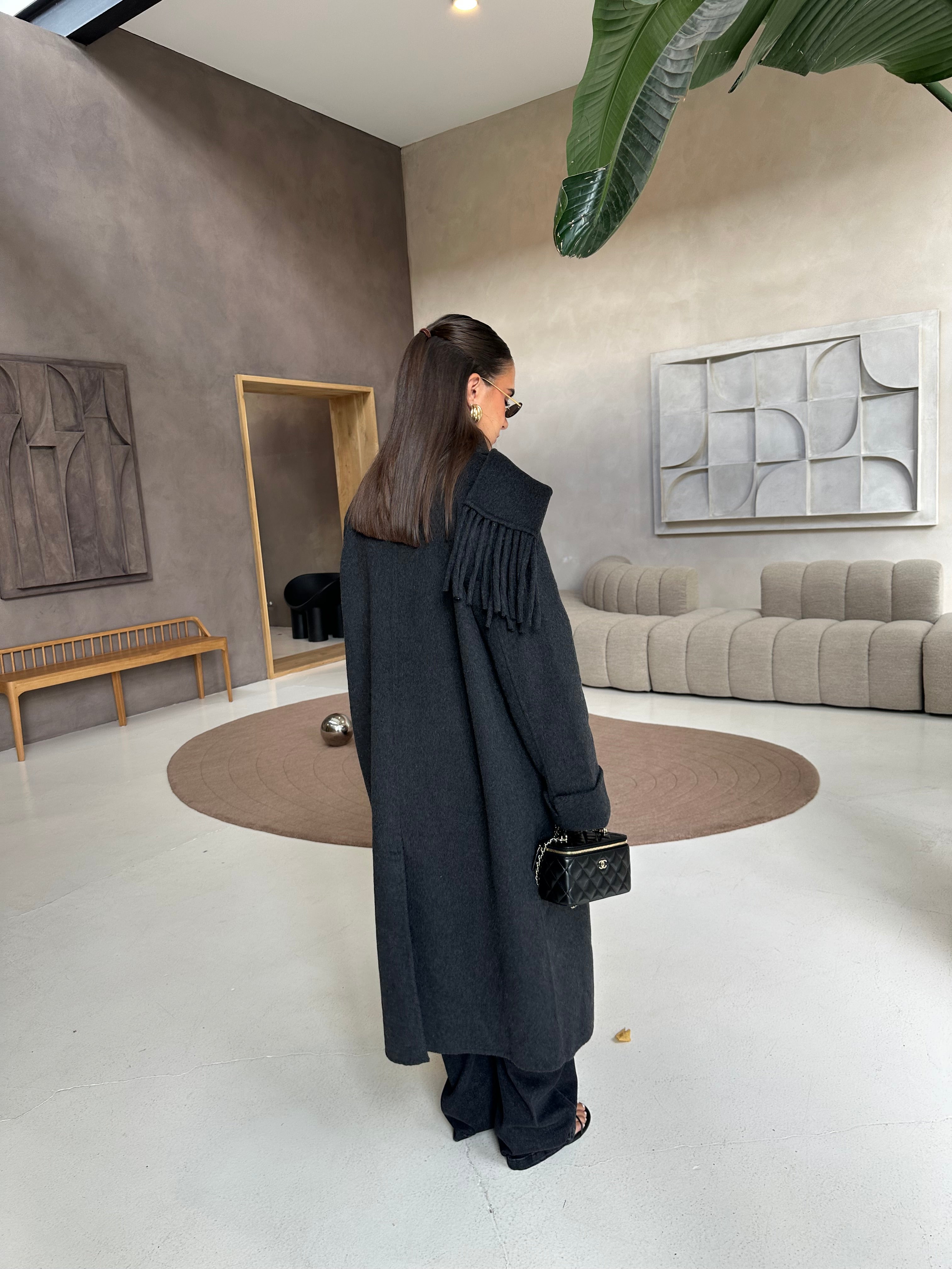 Manteau long laine gris avec écharpe (25CY901)