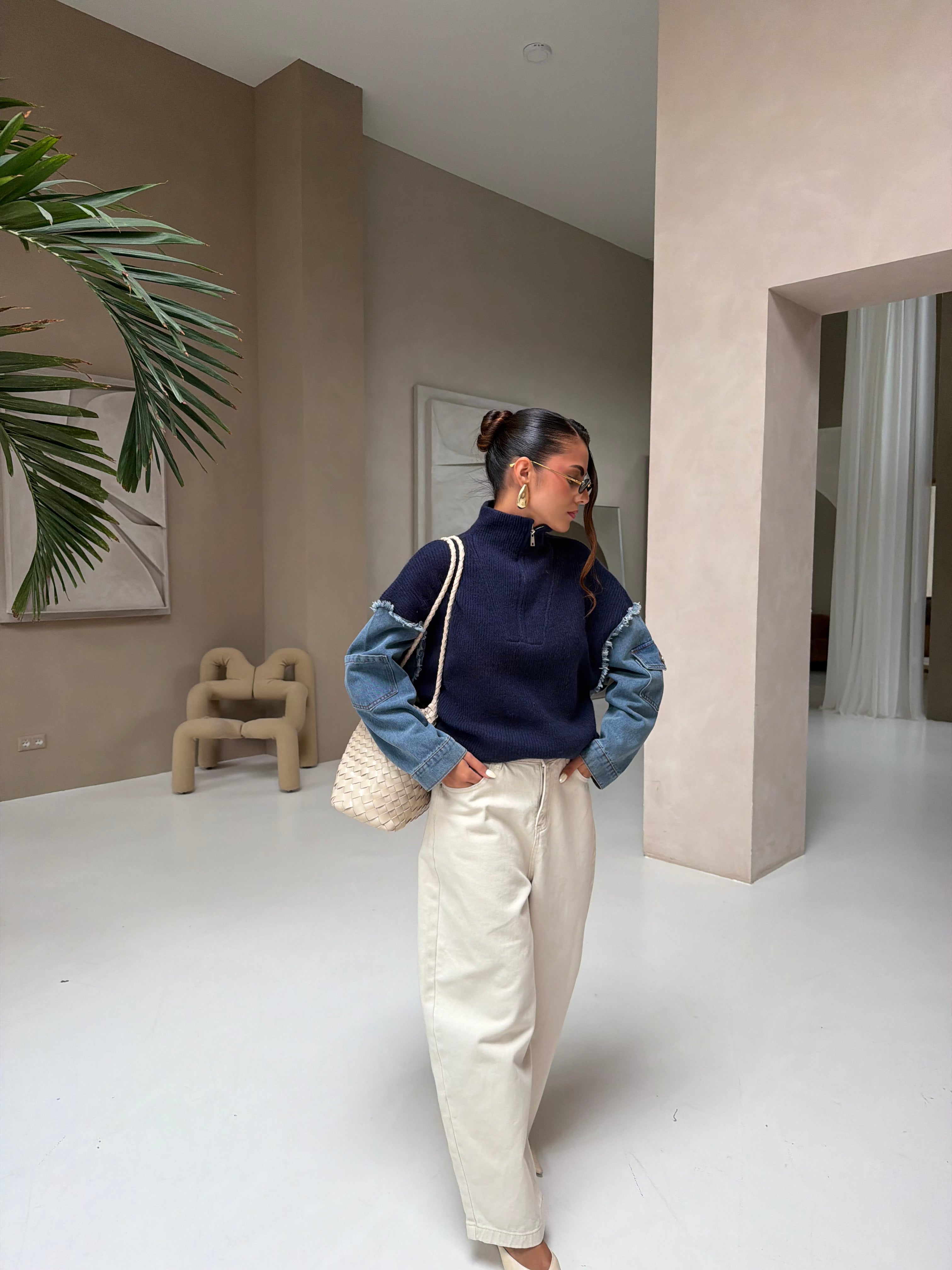 Pull ZIP bi matière bleu (H903)