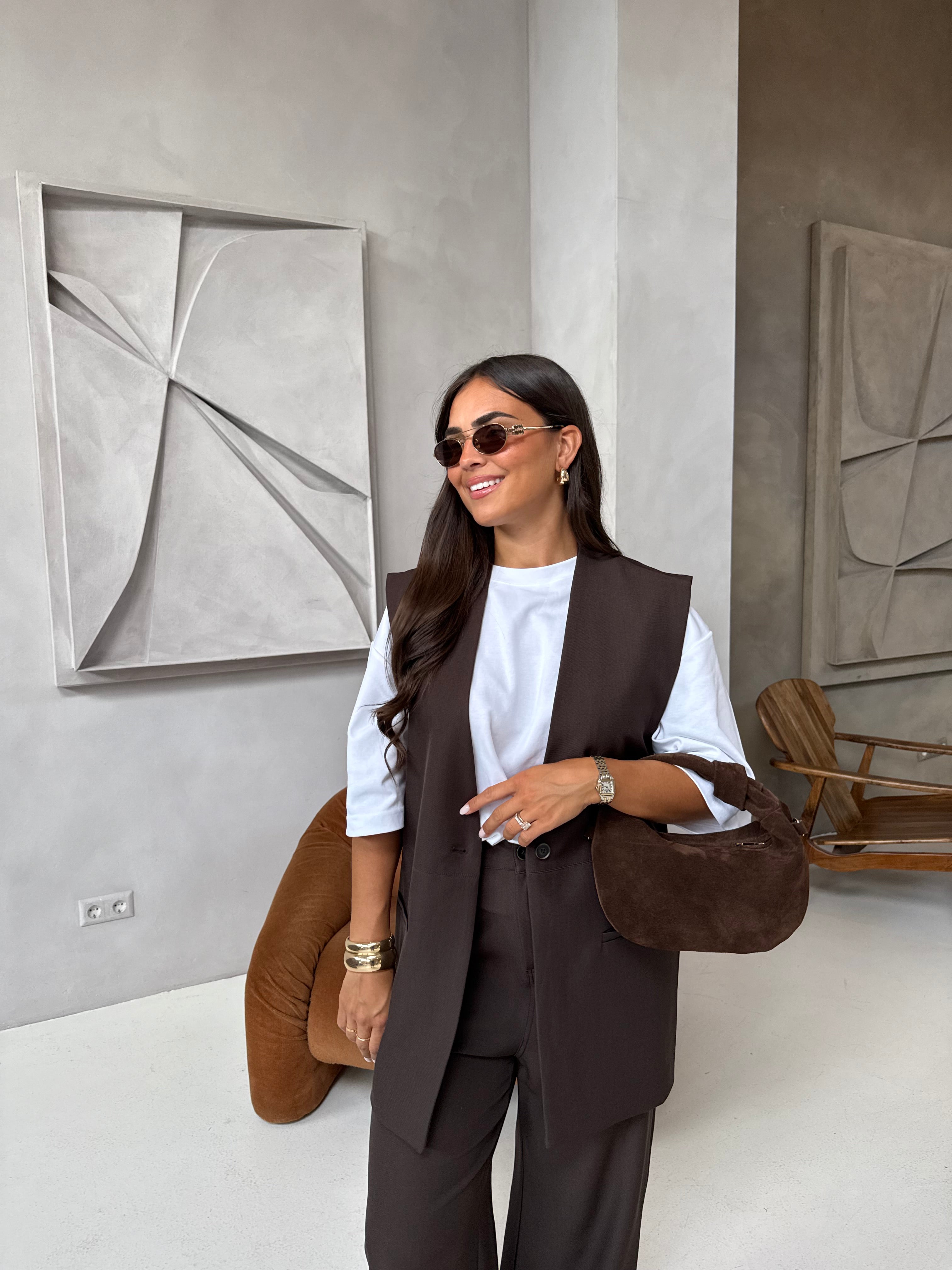 Blazer sans manche marron ouvert au dos (W25209)
