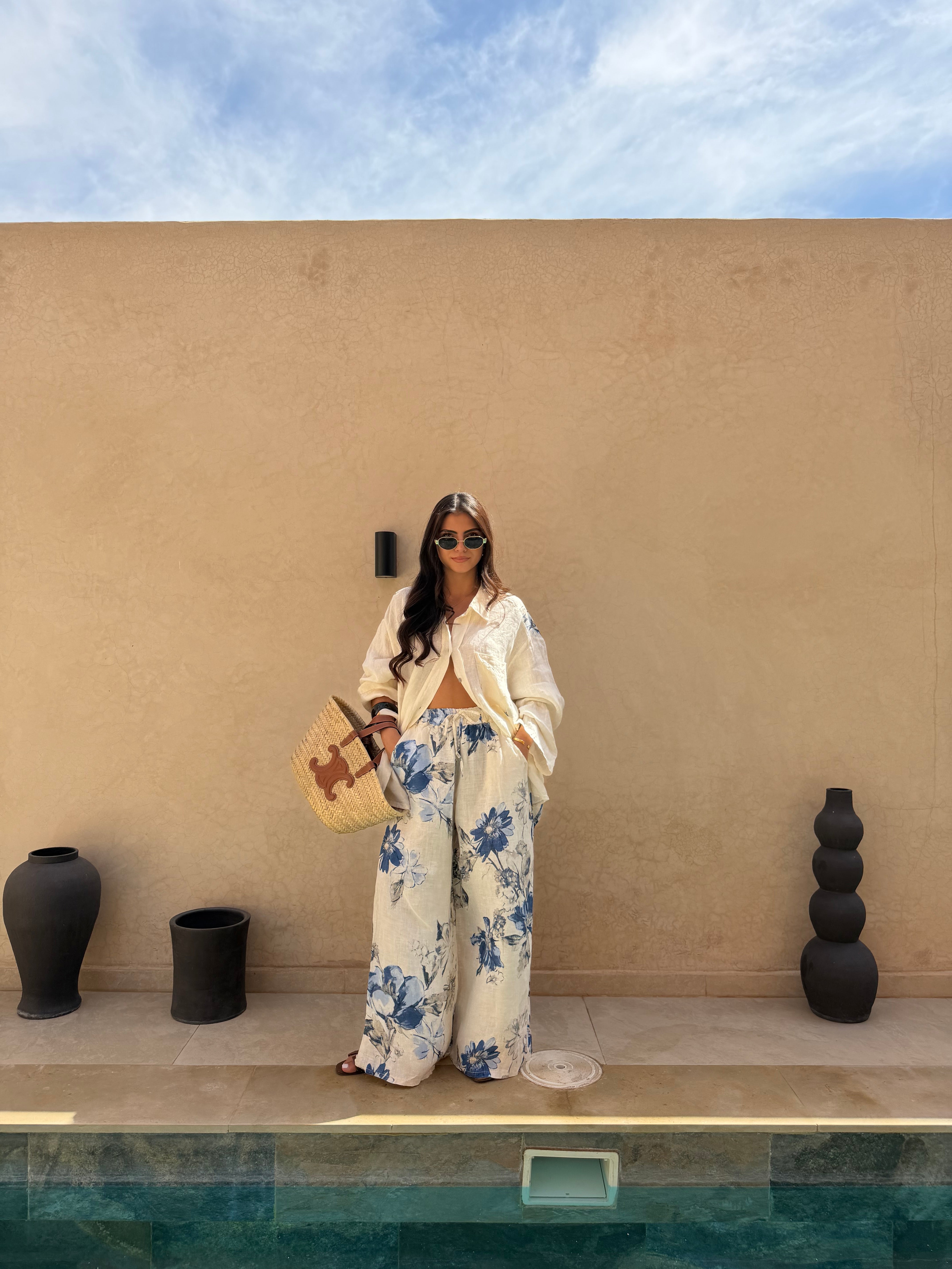 Ensemble noble fleurie LIN blanc bleu