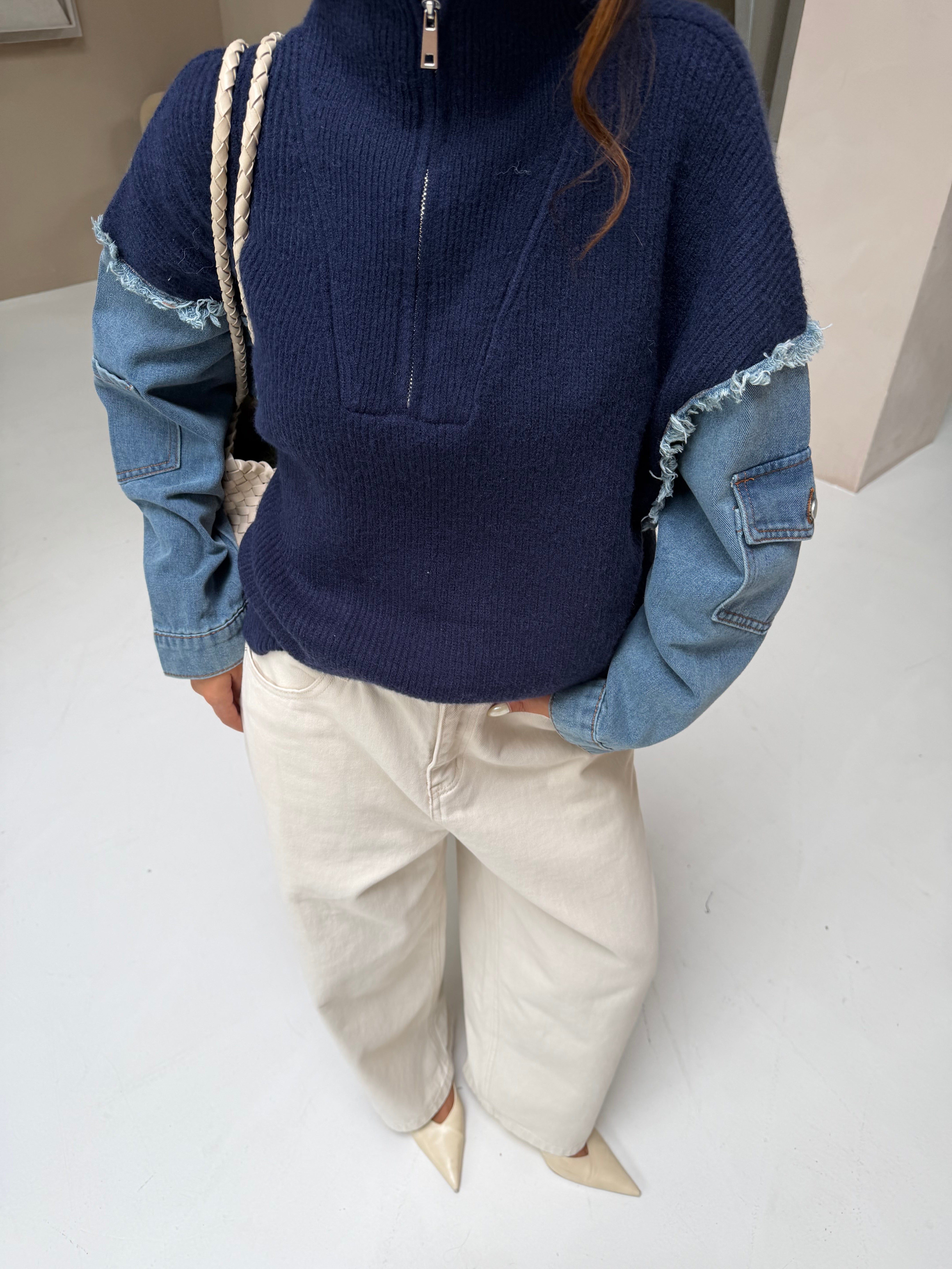 Pull ZIP bi matière bleu (H903)