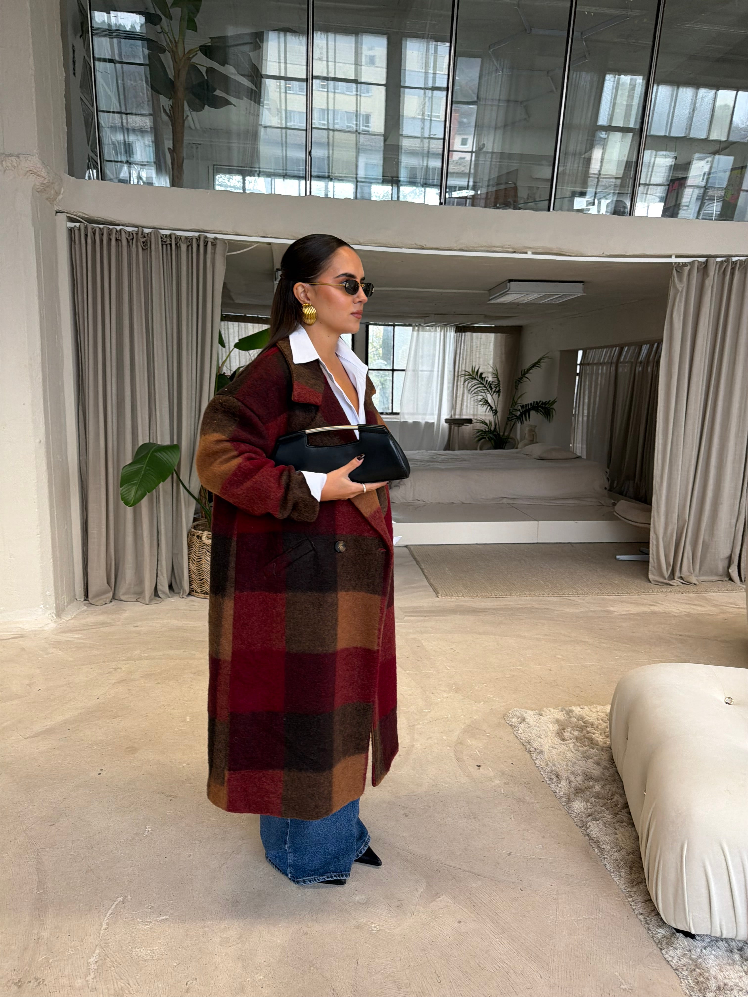 Manteau laine à carreaux bordeaux