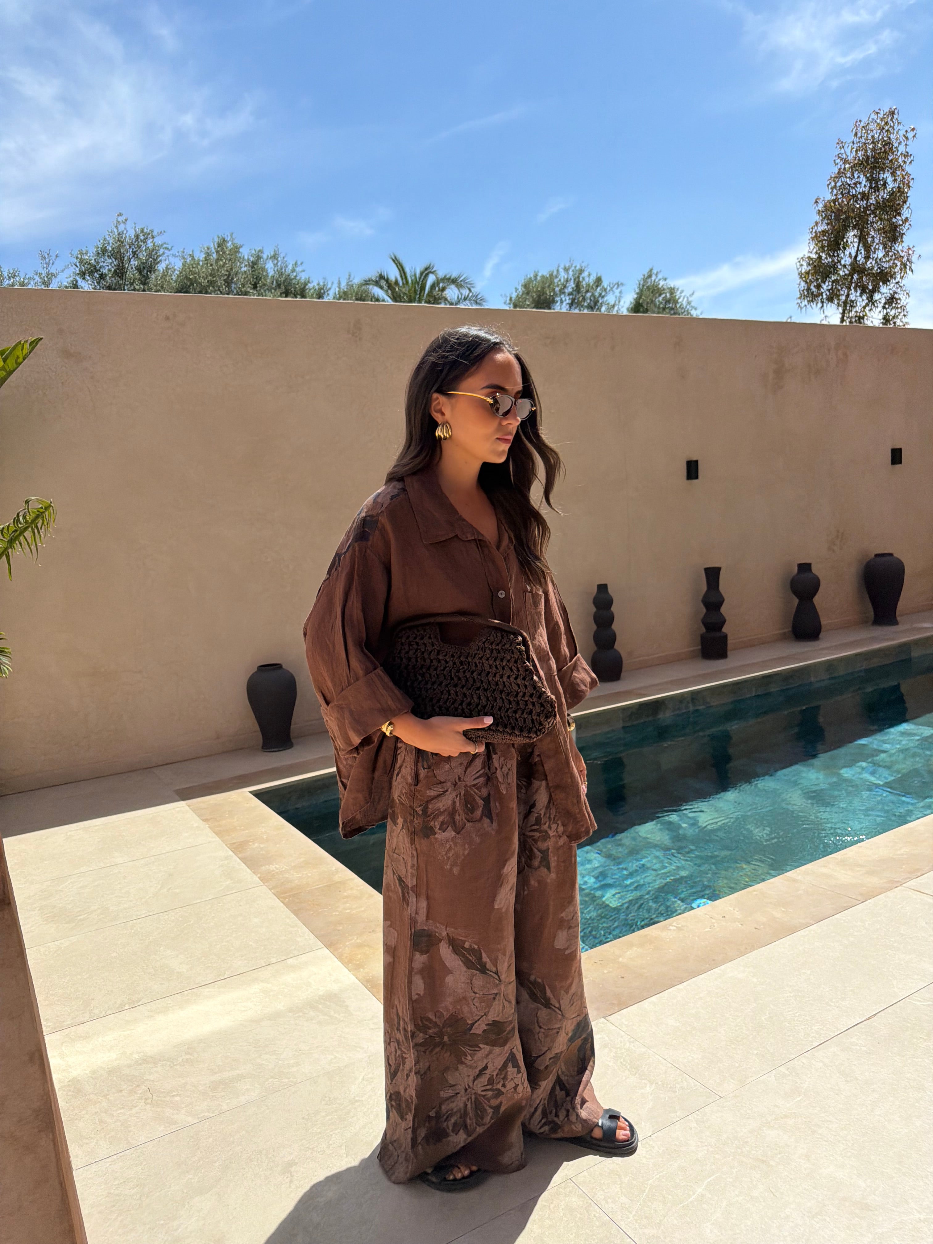 Ensemble noble fleurie LIN marron