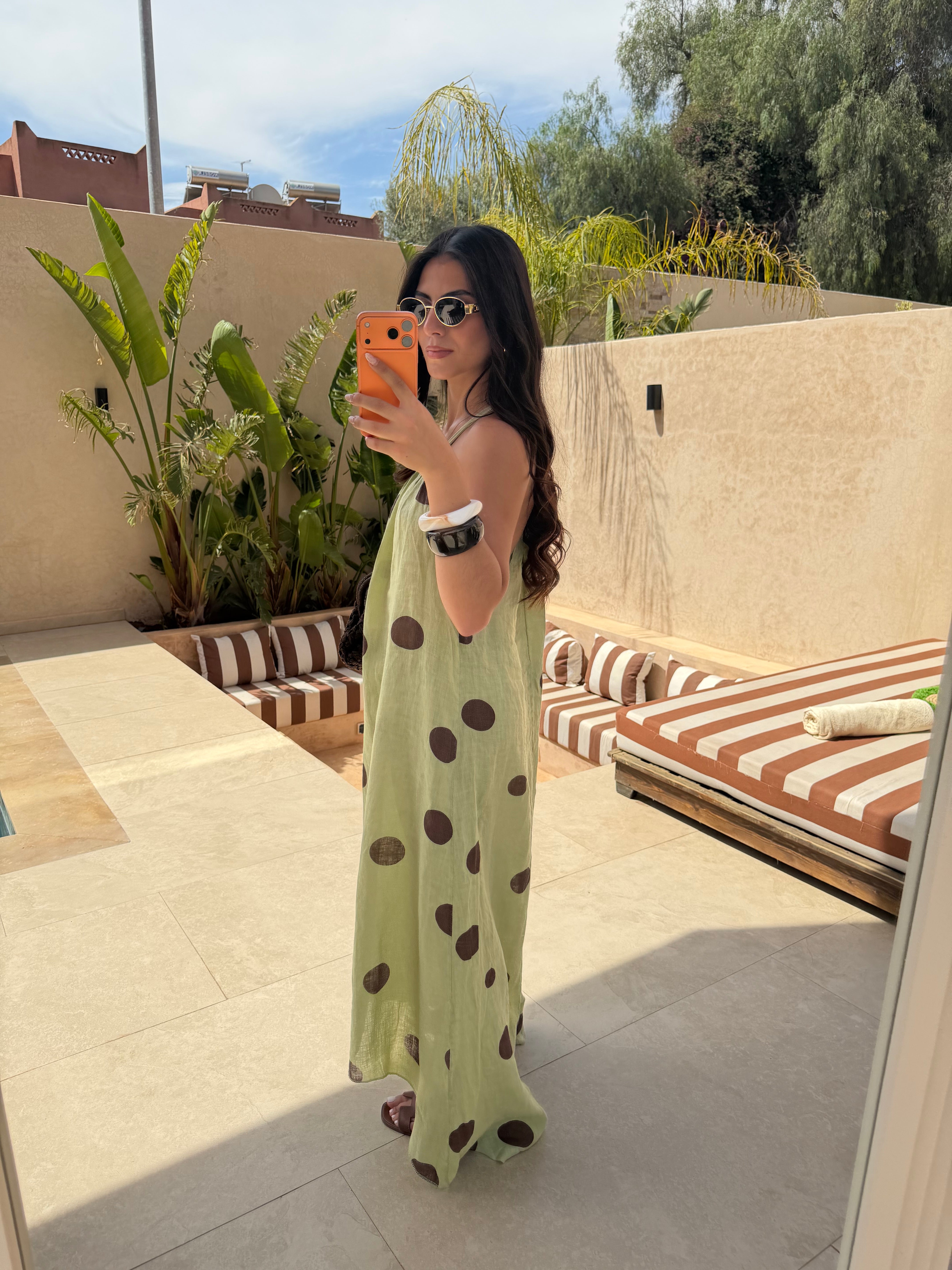 Robe lin à pois verte