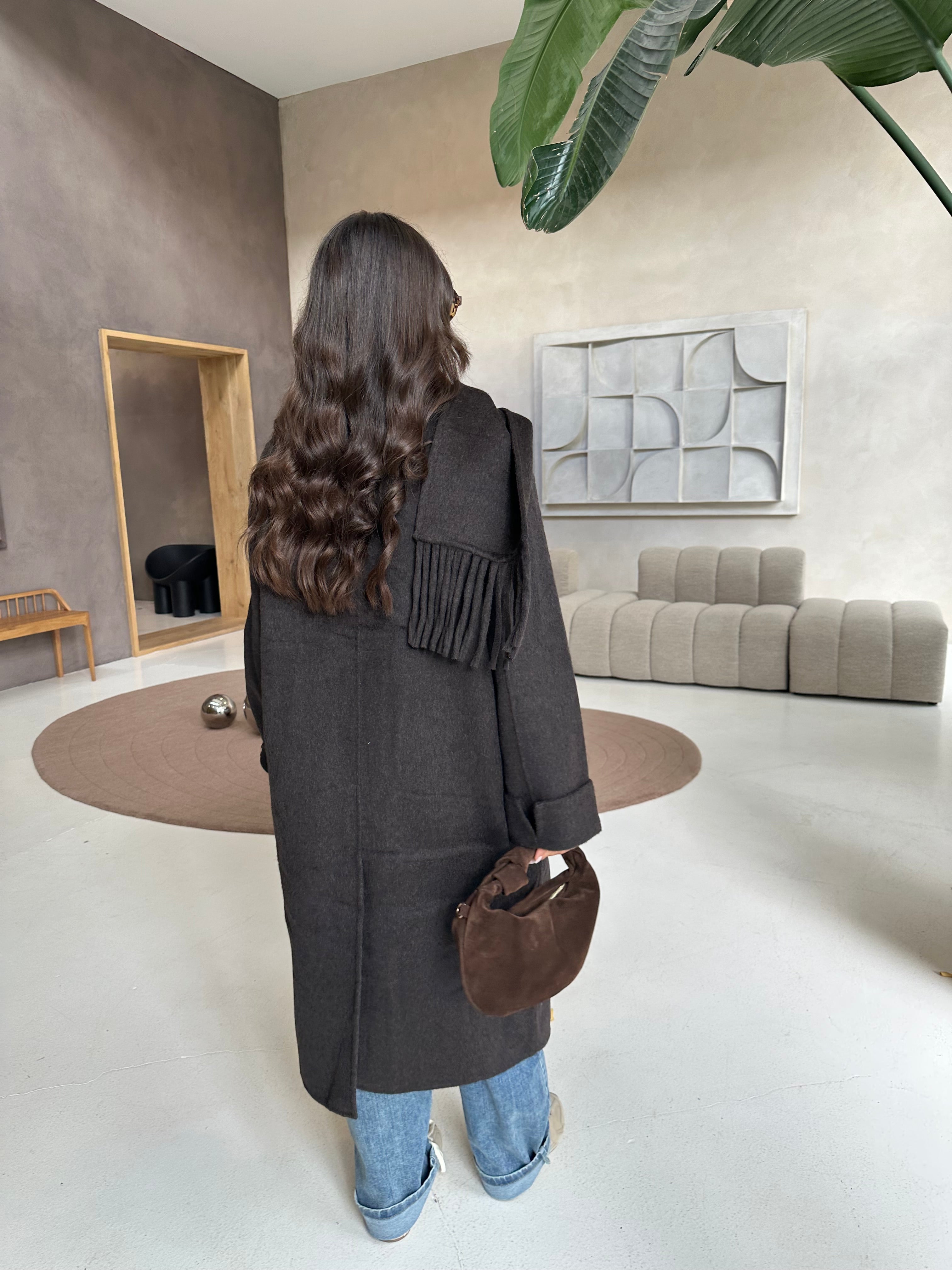 Manteau long laine marron avec écharpe (25CY901)