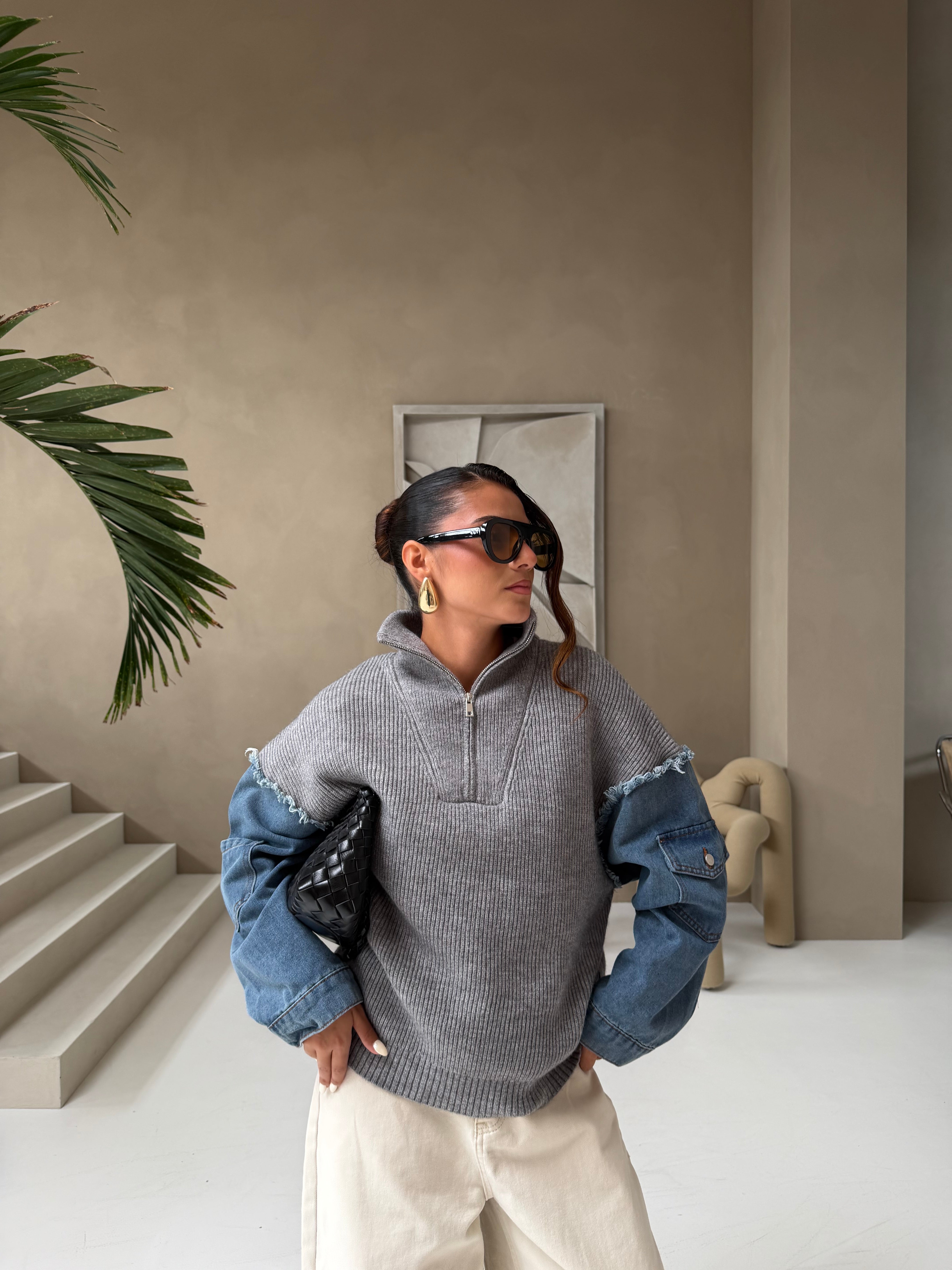 Pull ZIP bi matière gris (H903)
