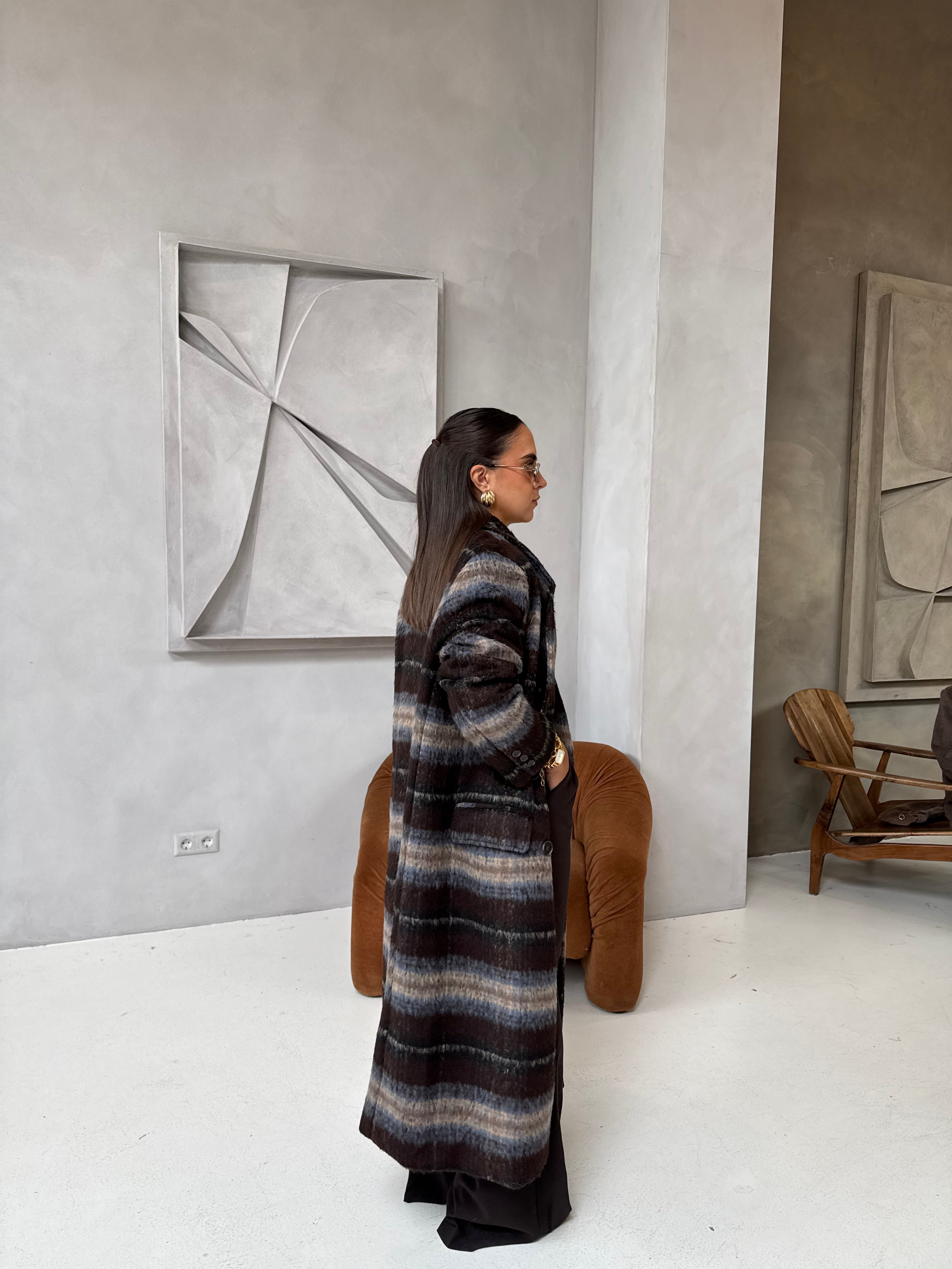 Manteau BELLA long marron à carreaux (W24768)