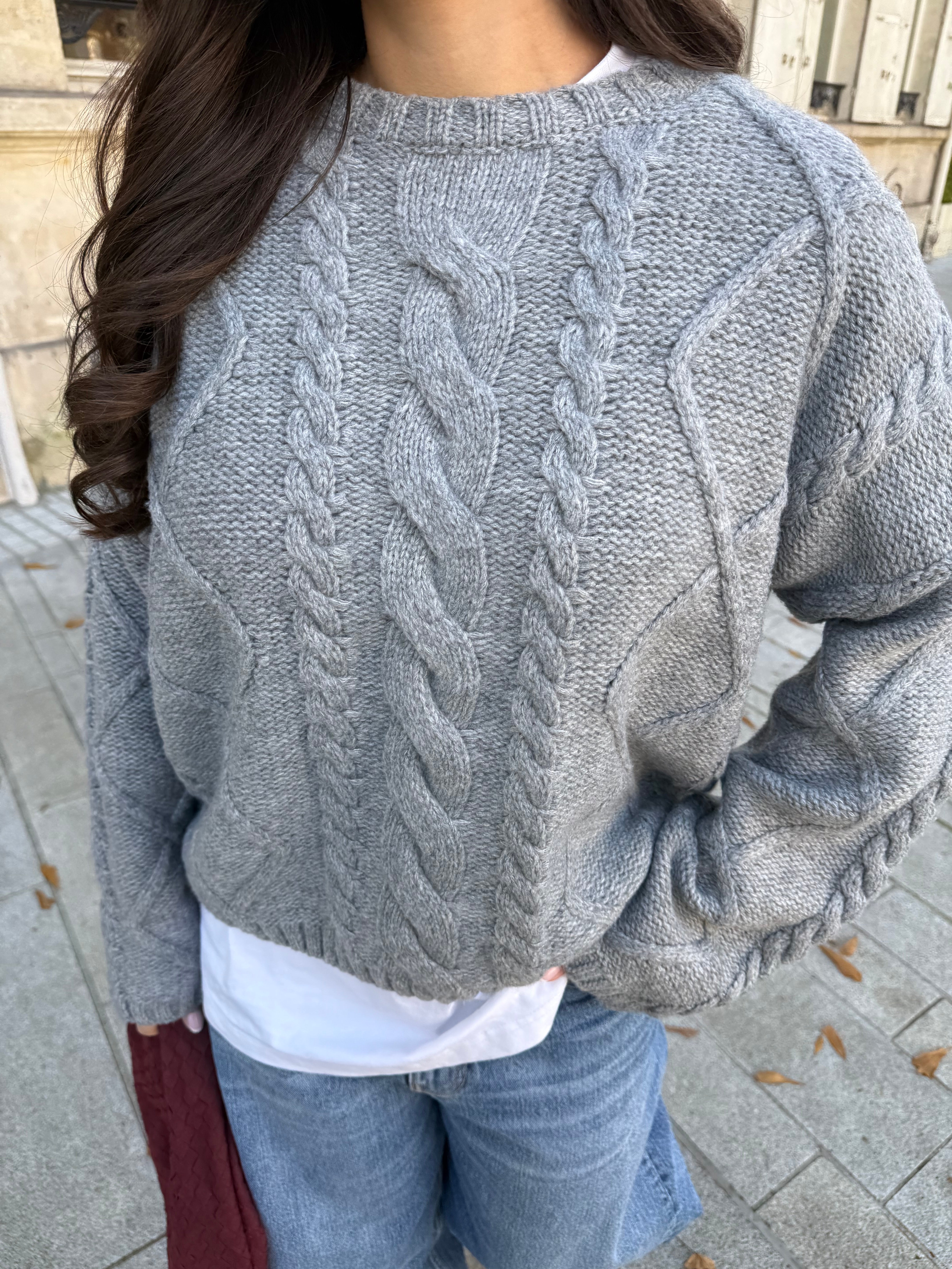 Pull tressé gris (6986)