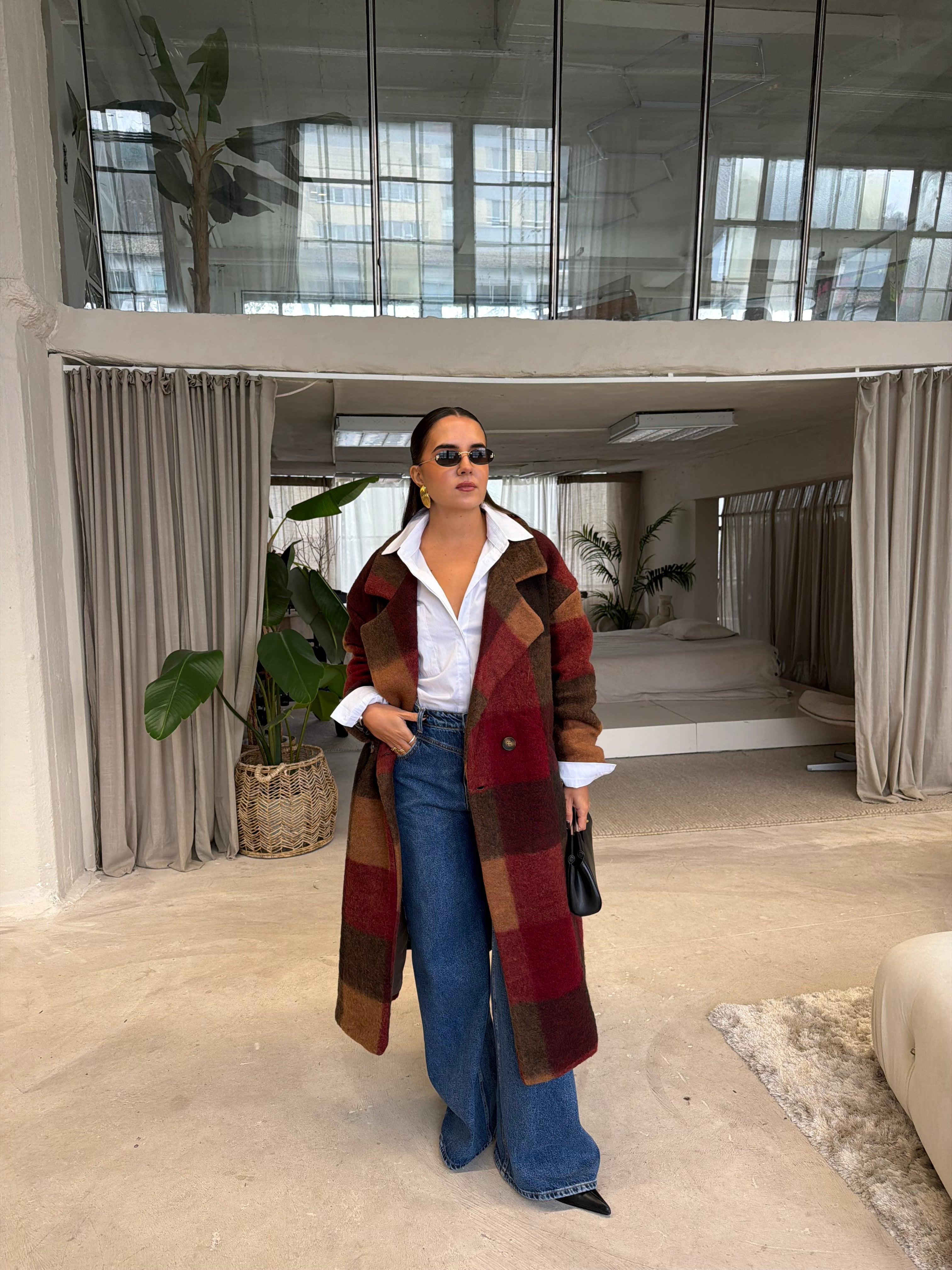 Manteau laine à carreaux bordeaux