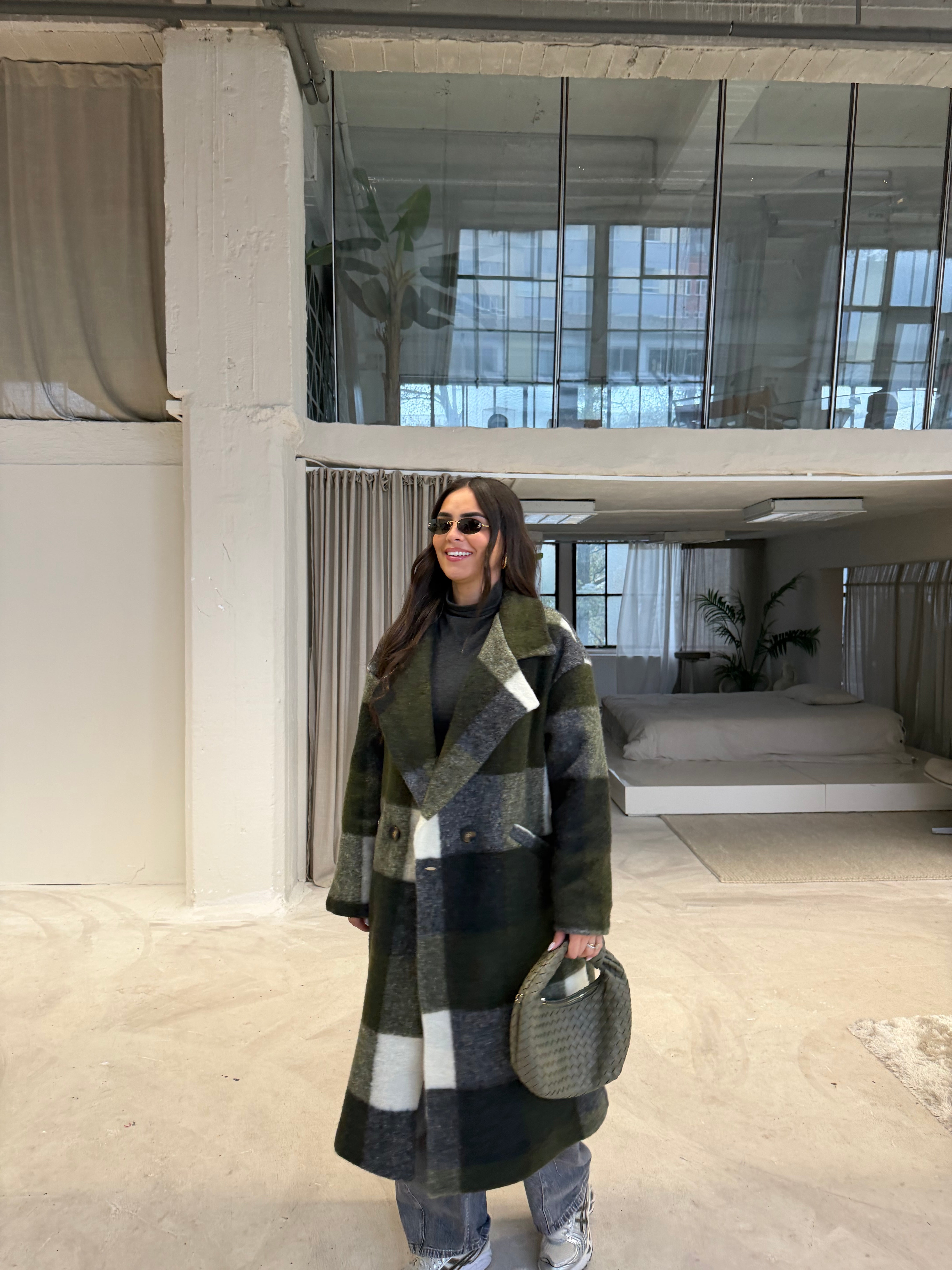 Manteau laine à carreaux kaki