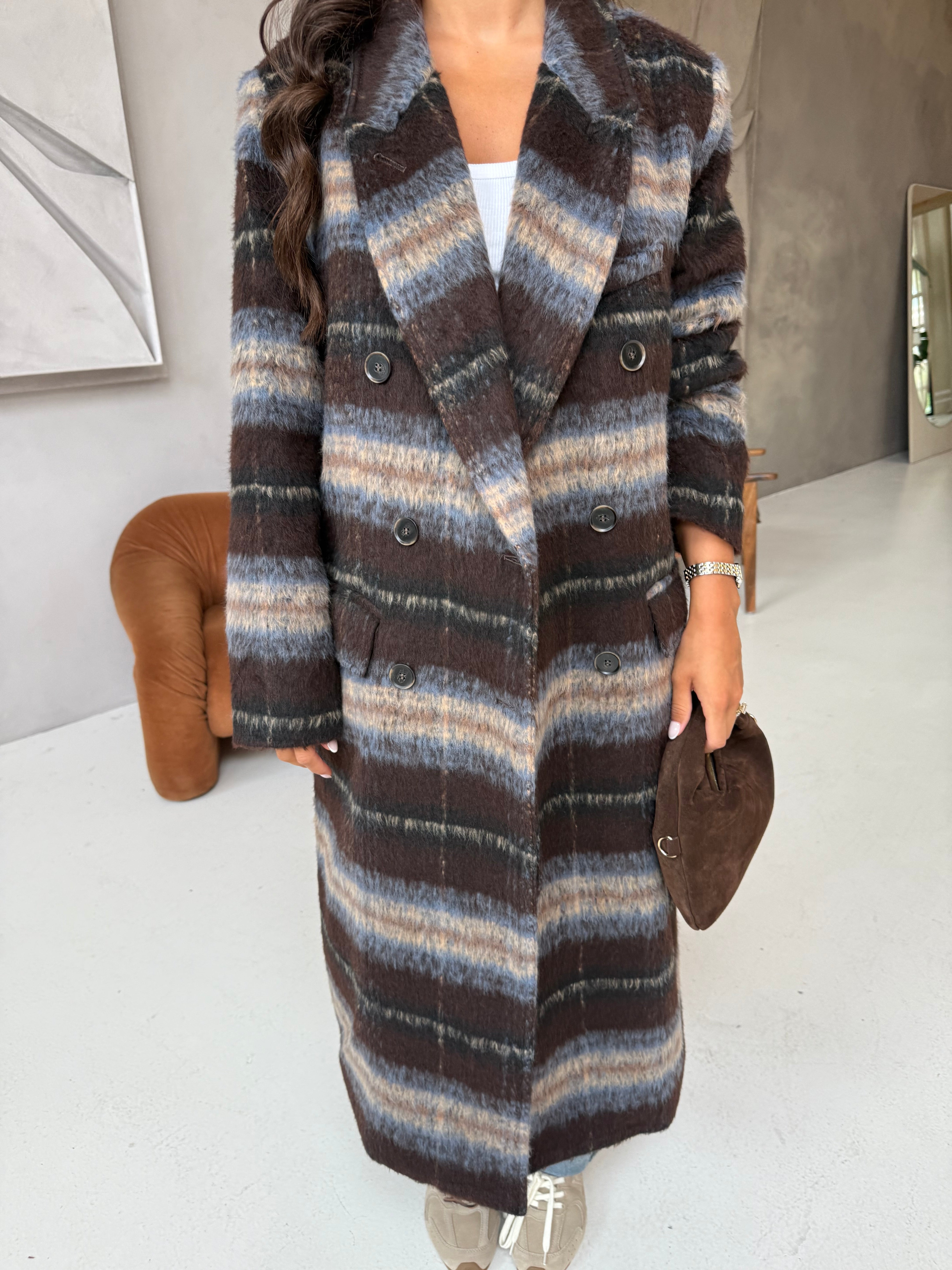 Manteau BELLA long marron à carreaux (W24768)