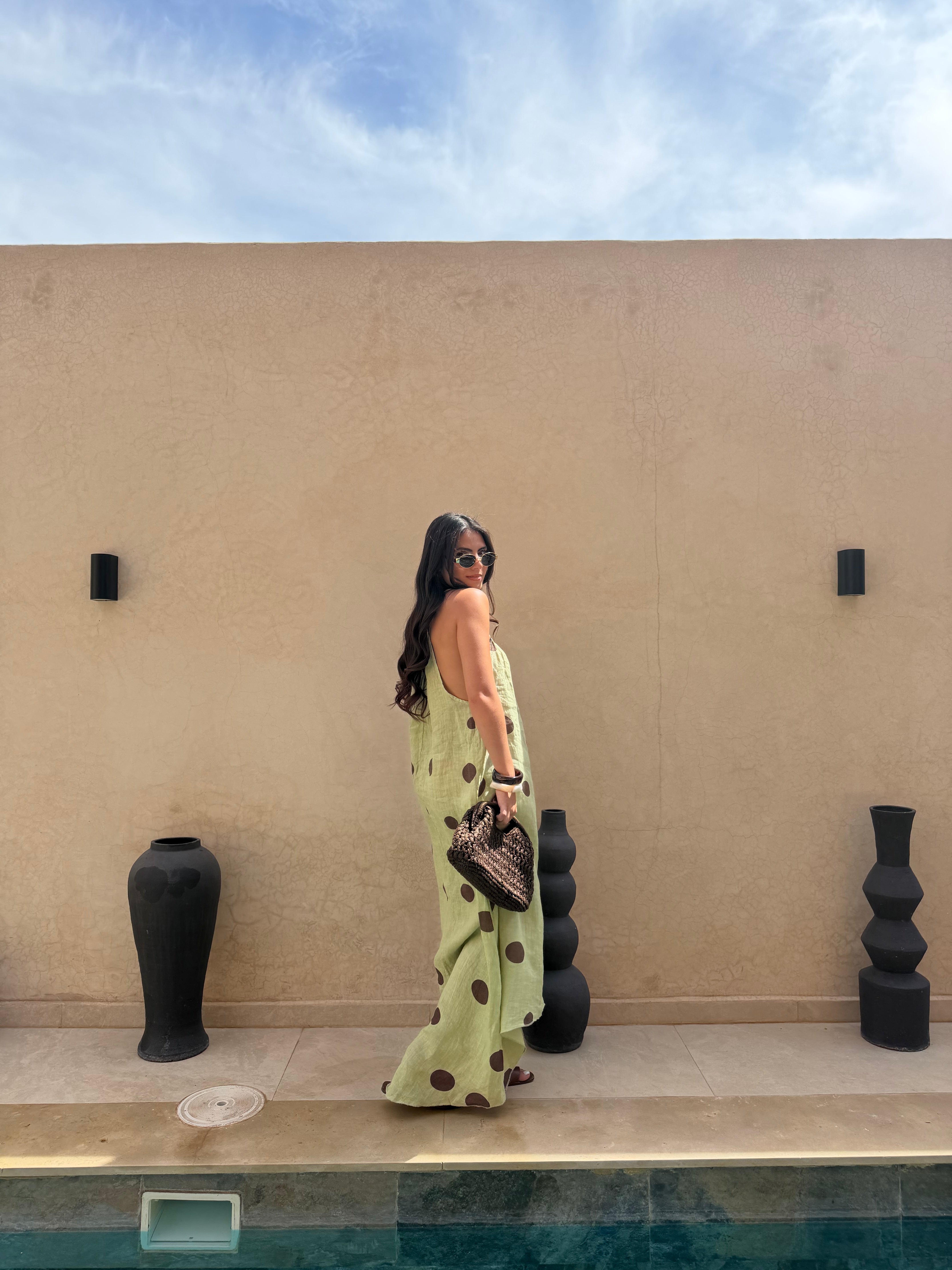 Robe lin à pois verte