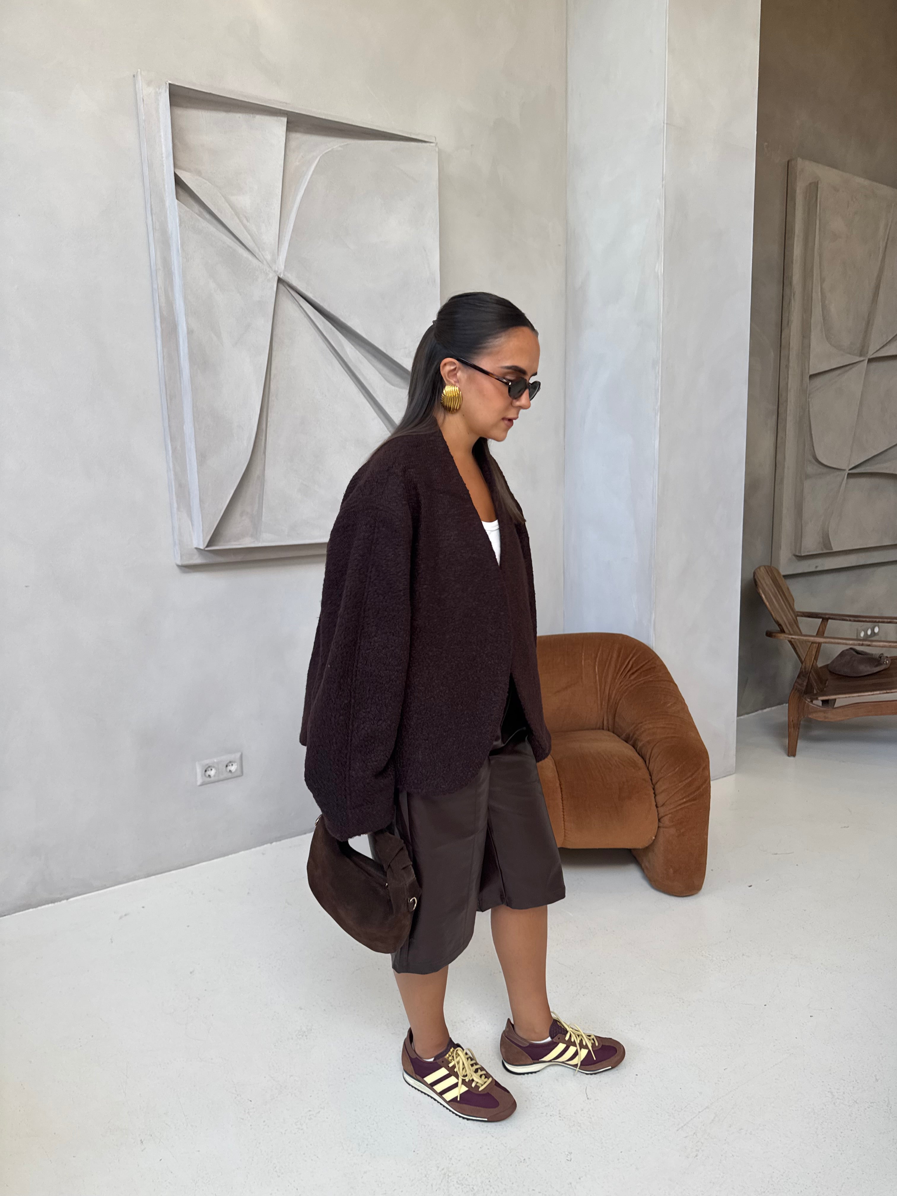 Veste en laine bouclé marron (W24752)