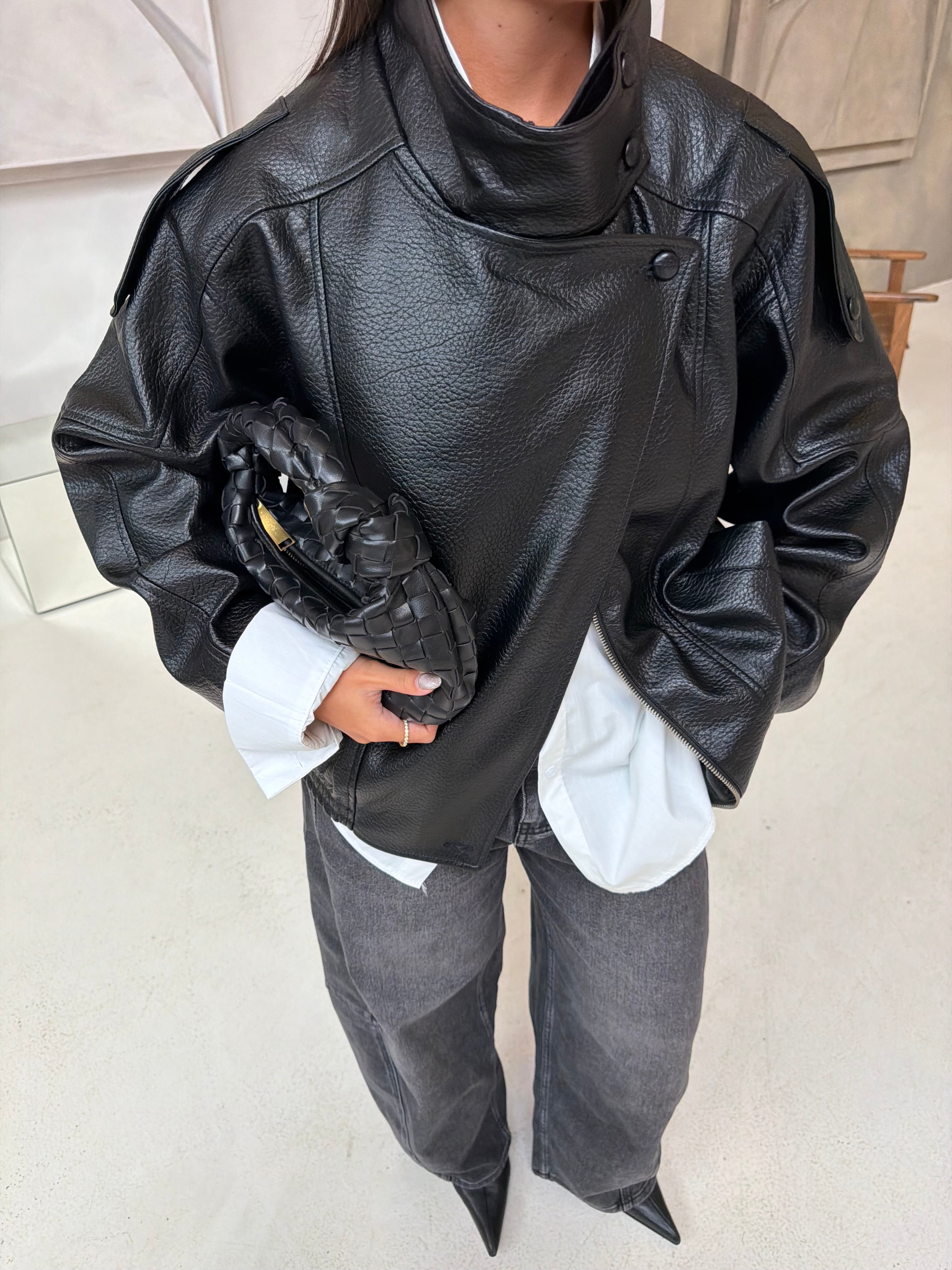 Veste en similicuir noir oversize KZ (8822)