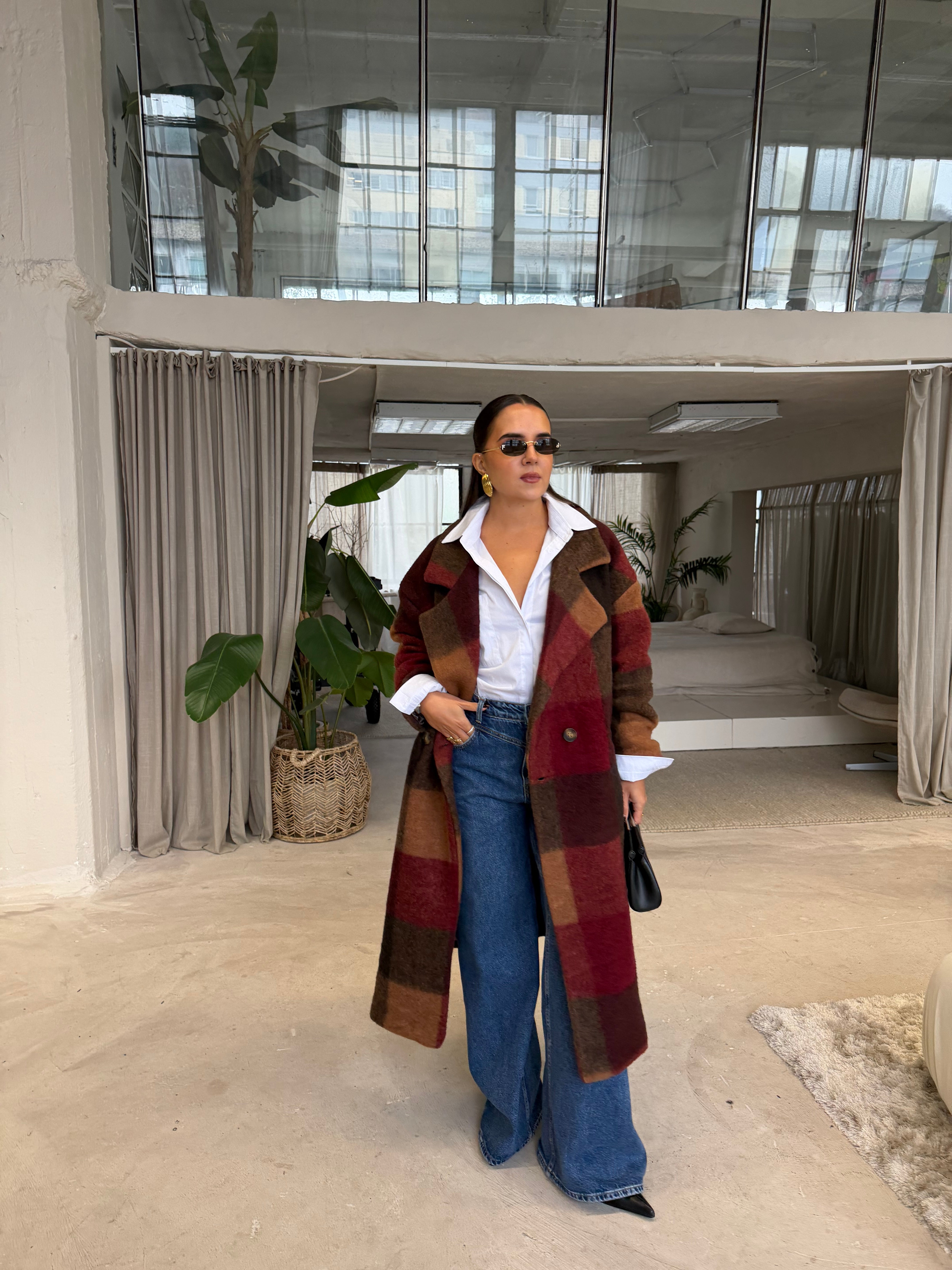 Manteau laine à carreaux bordeaux