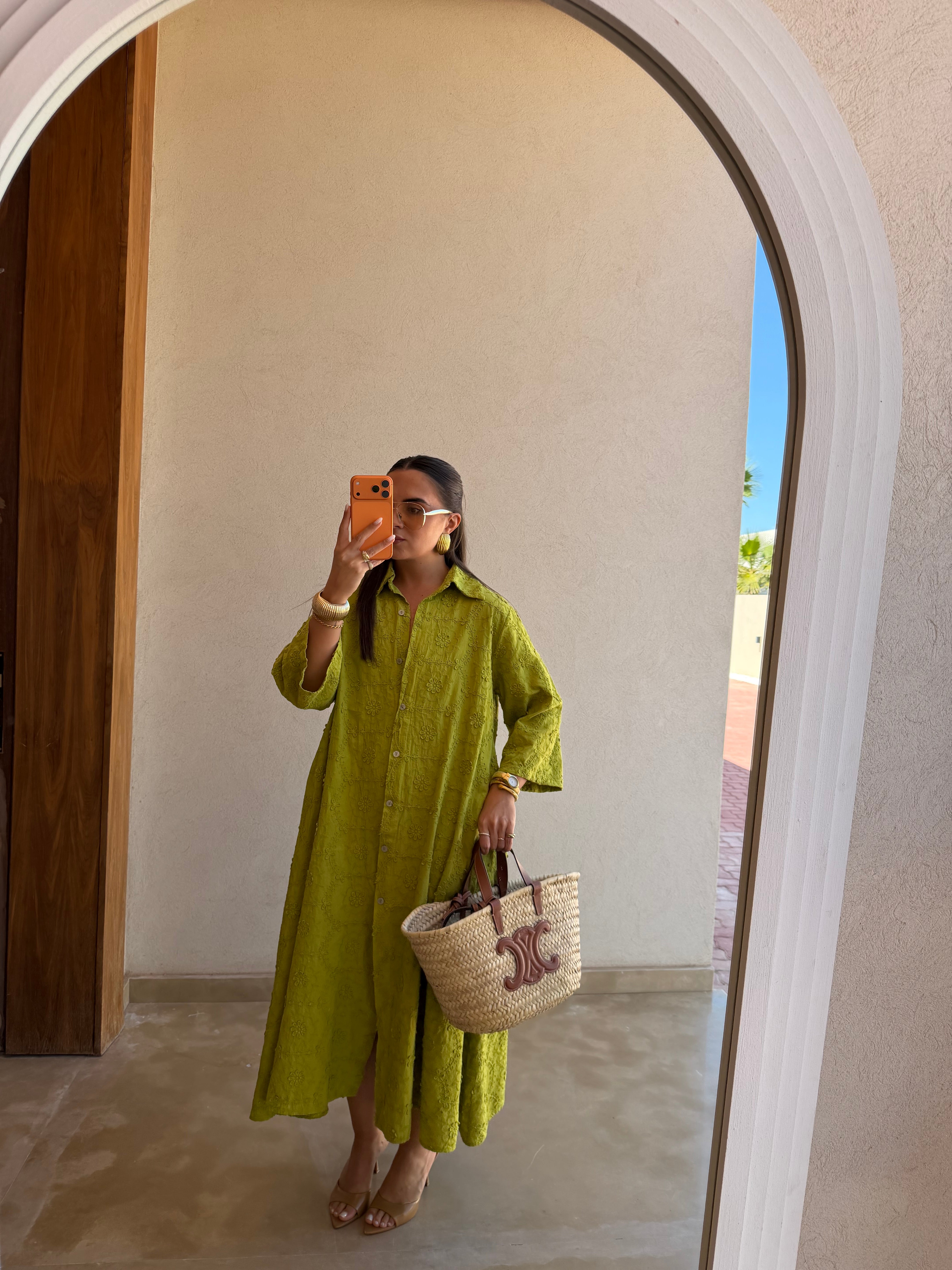 Robe longue en broderie anglaise verte