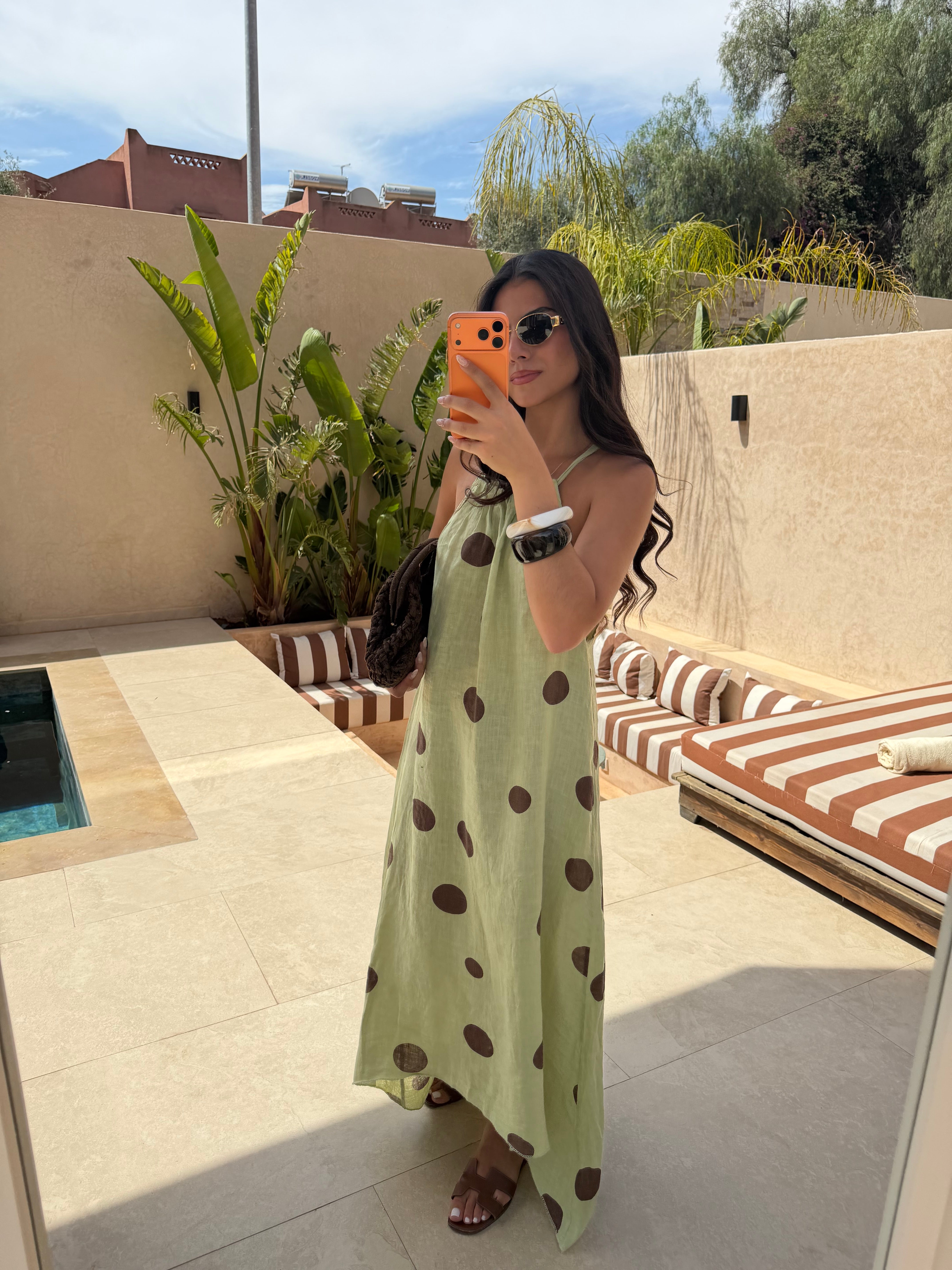 Robe lin à pois verte