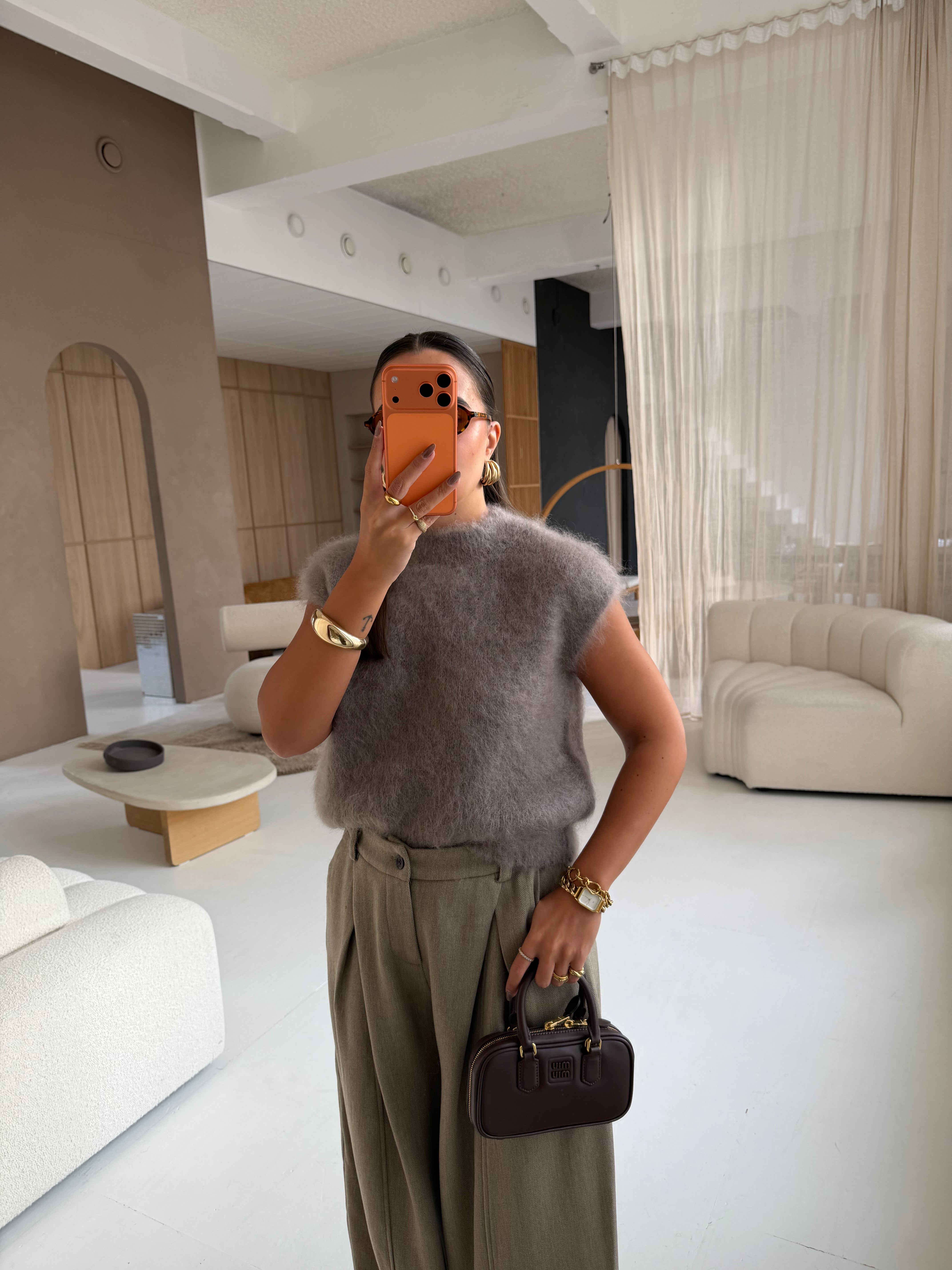 Pull mohair sans manche taupe (28023)