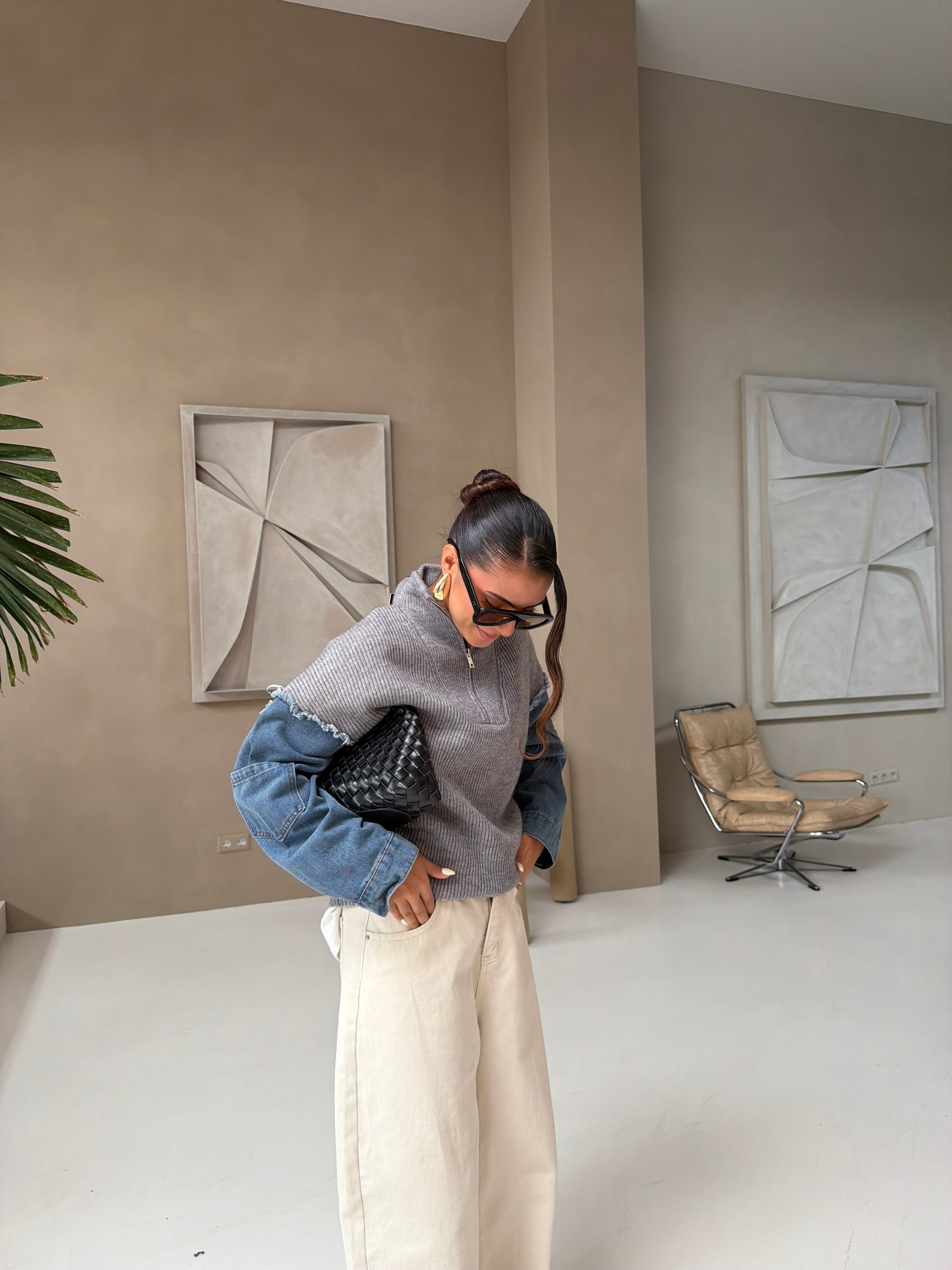 Pull ZIP bi matière gris (H903)