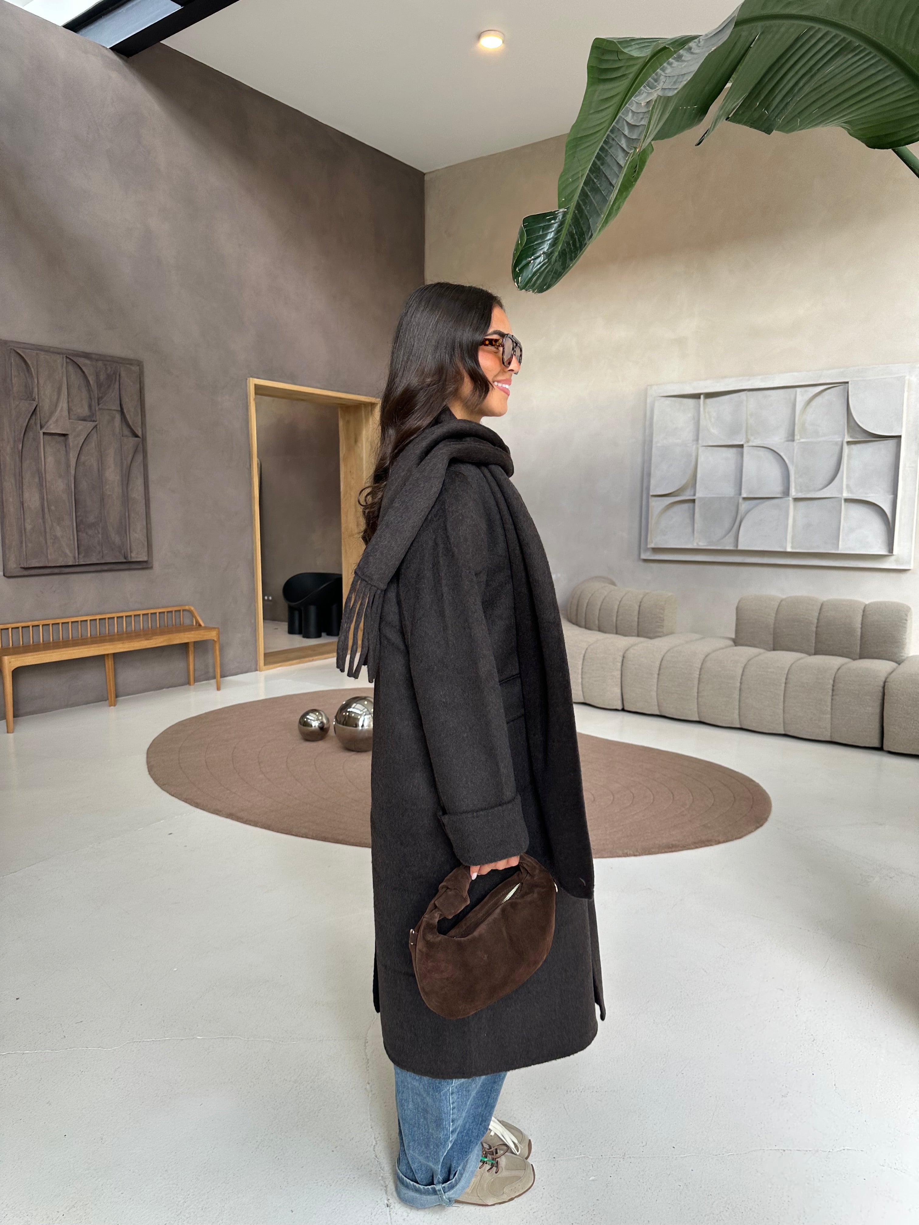 Manteau long laine marron avec écharpe (25CY901)