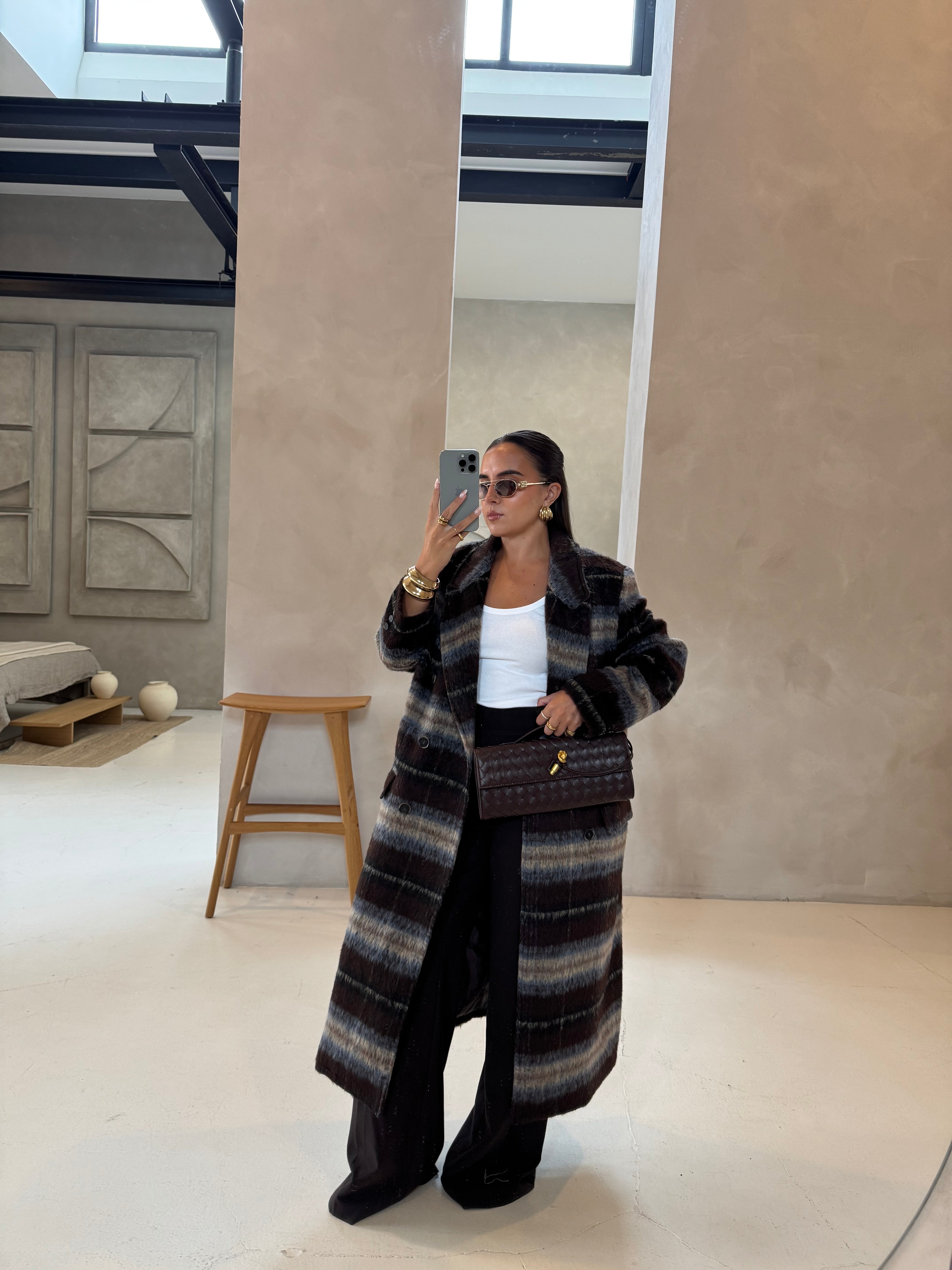 Manteau BELLA long marron à carreaux (W24768)