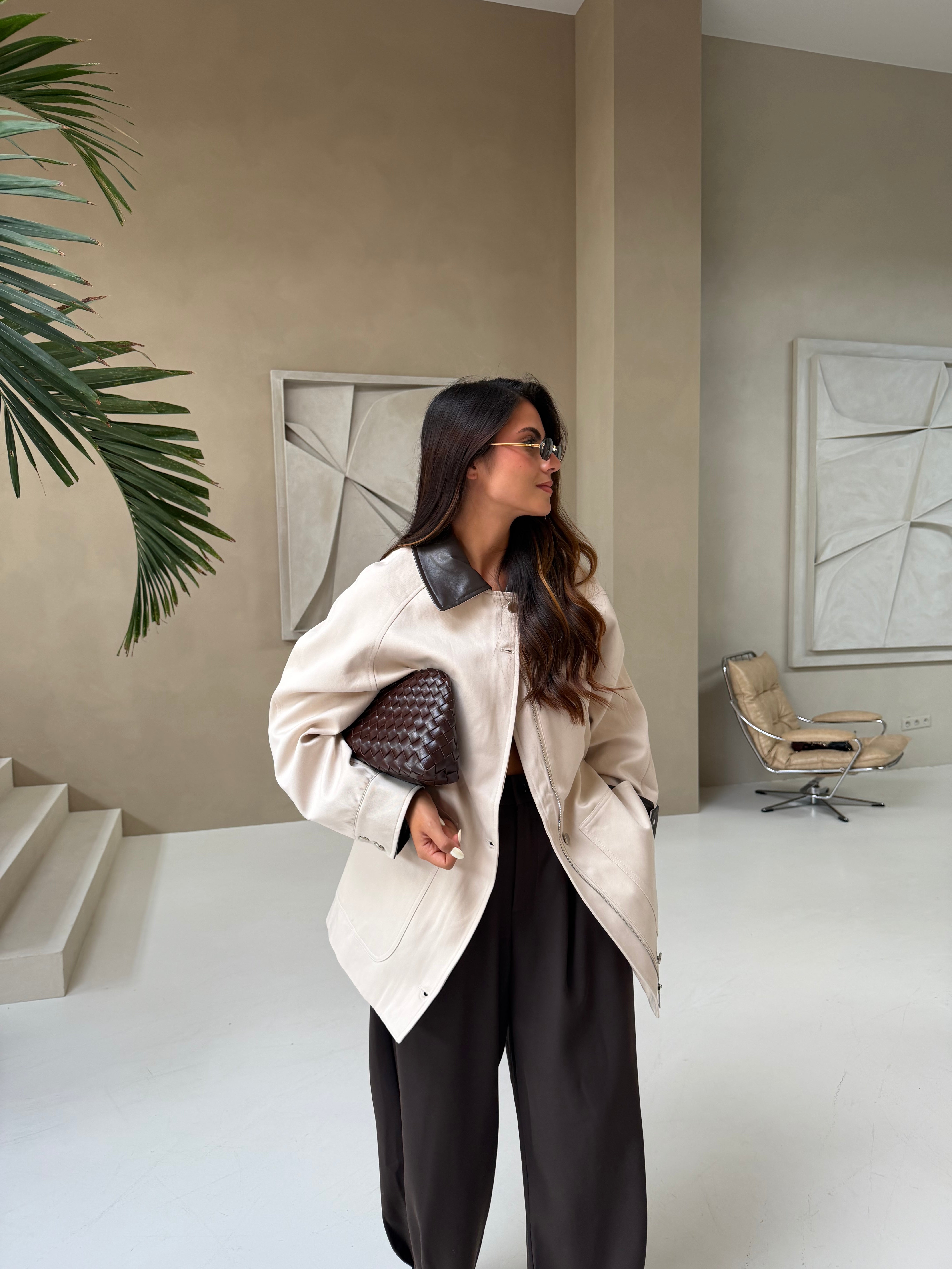 Manteau LUX beige col marron (858)