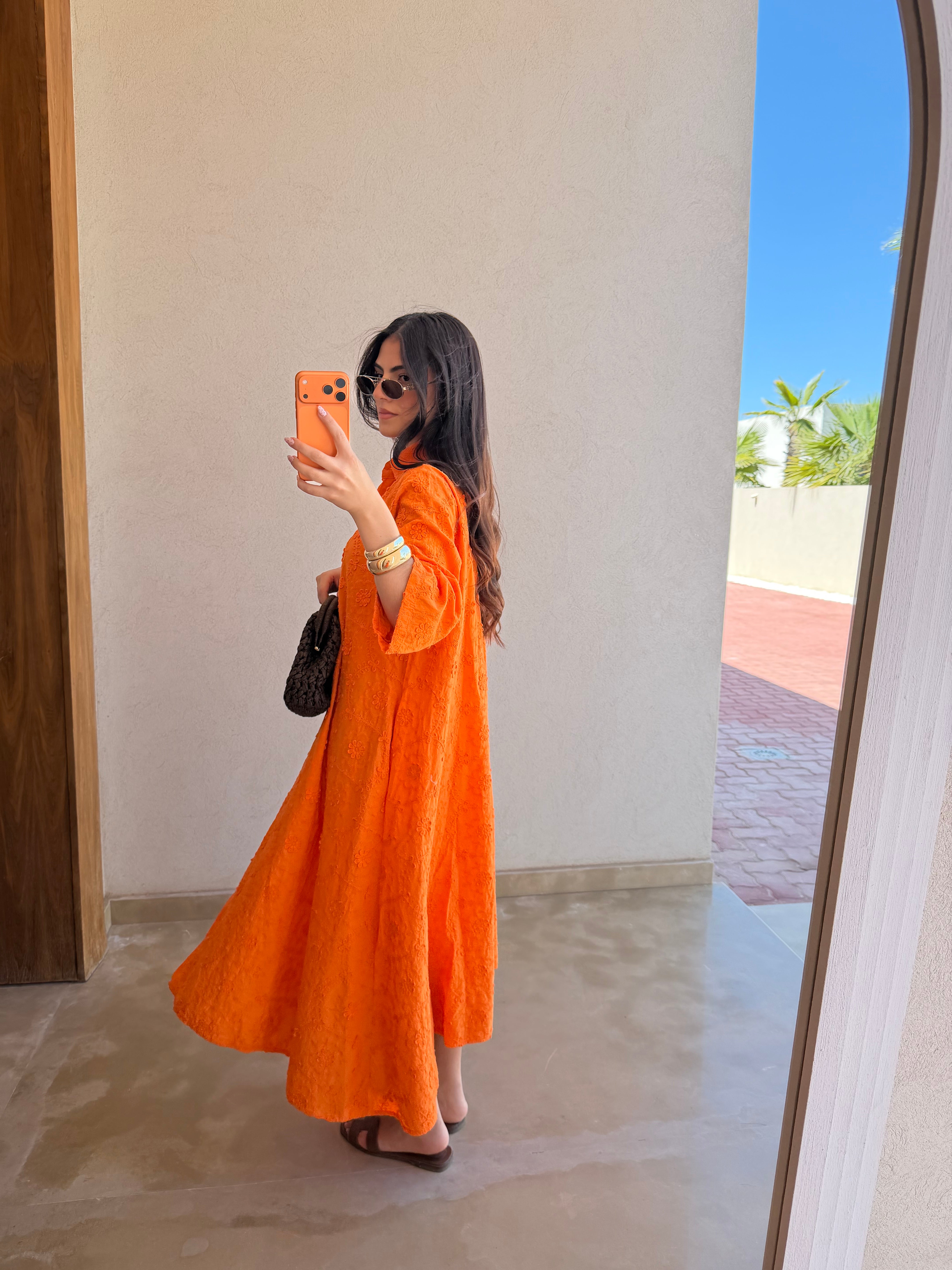 Robe longue en broderie anglaise orange