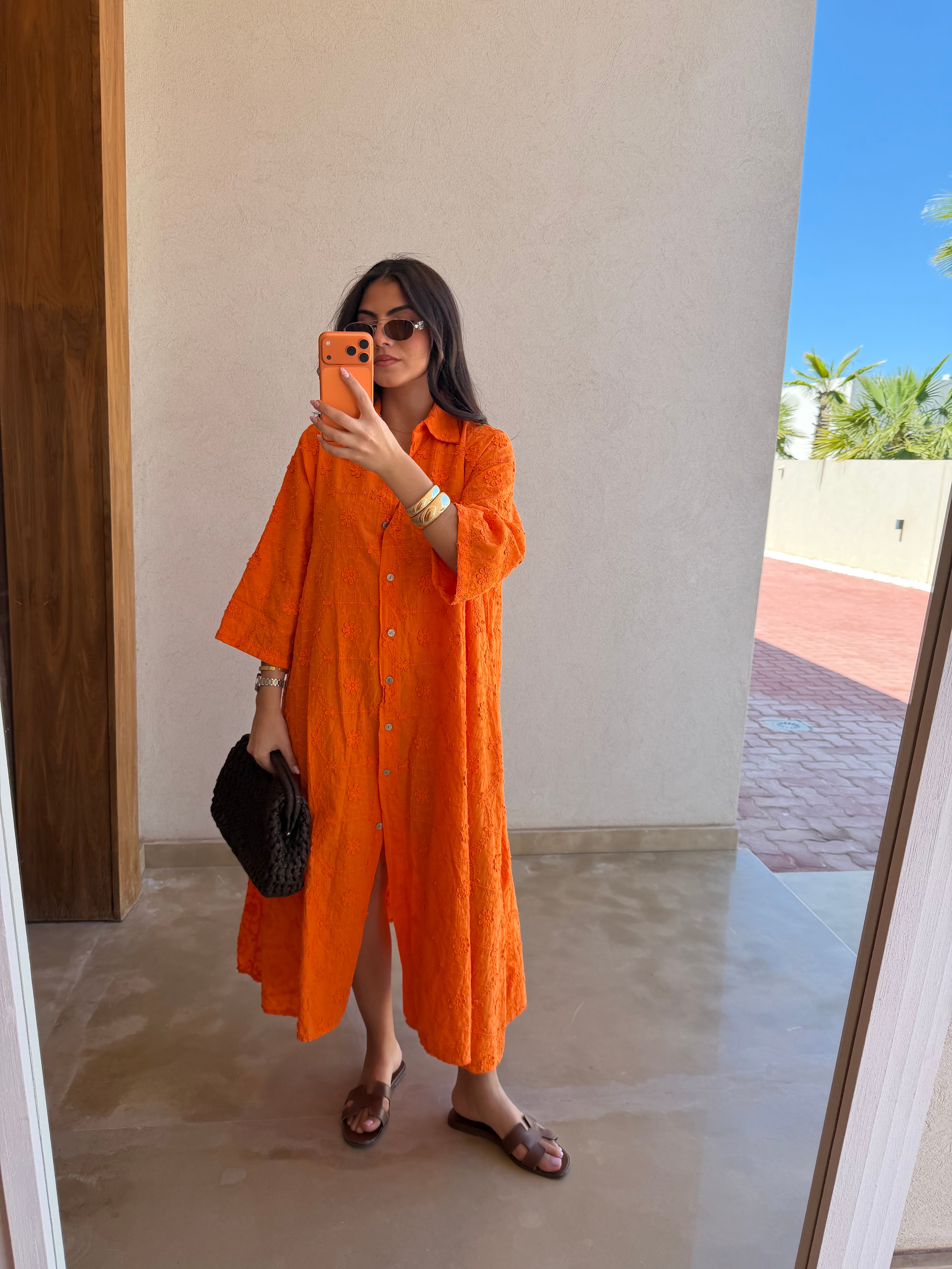 Robe longue en broderie anglaise orange