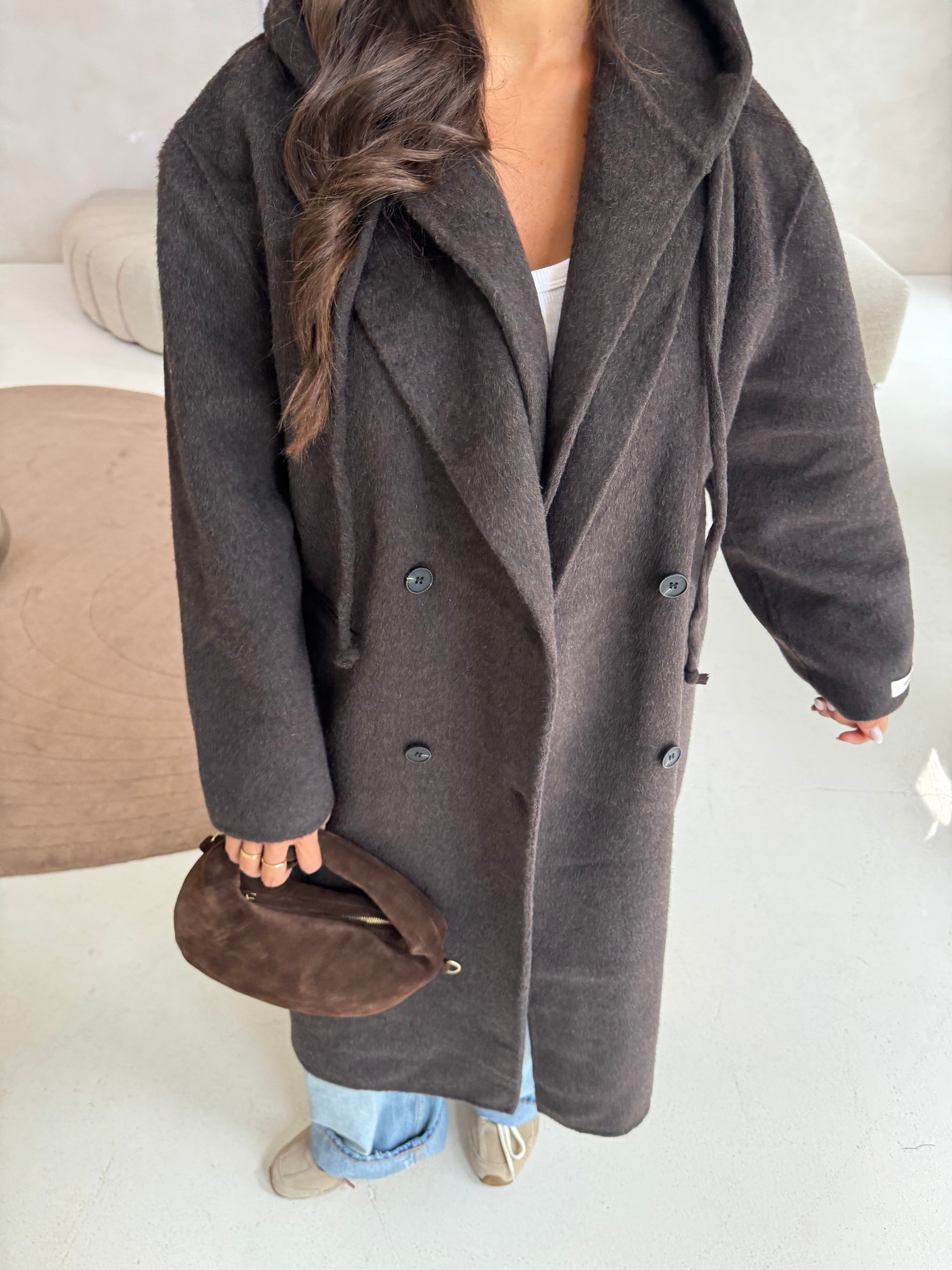 Manteau long marron à capuche (25CY903)