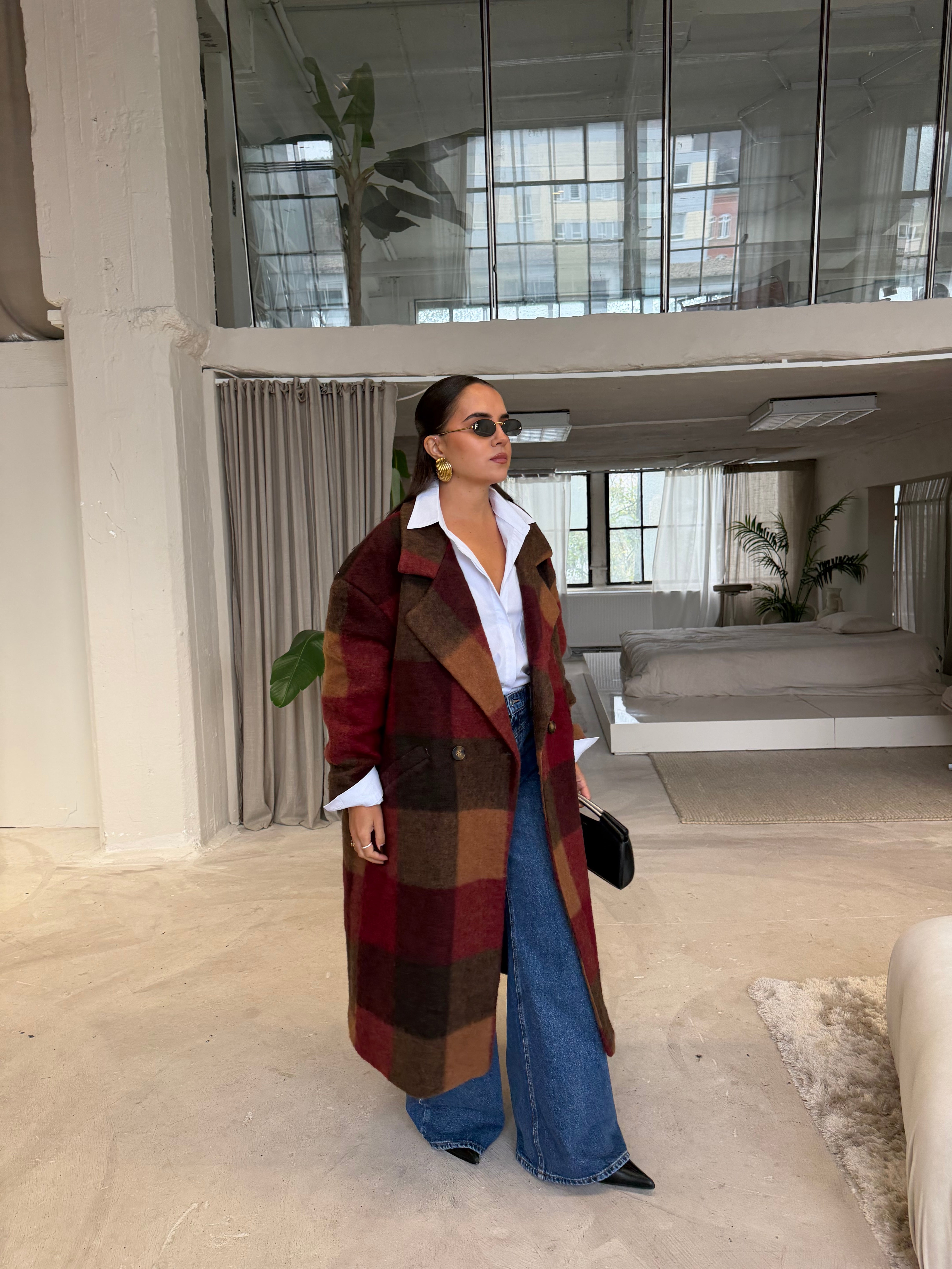 Manteau laine à carreaux bordeaux