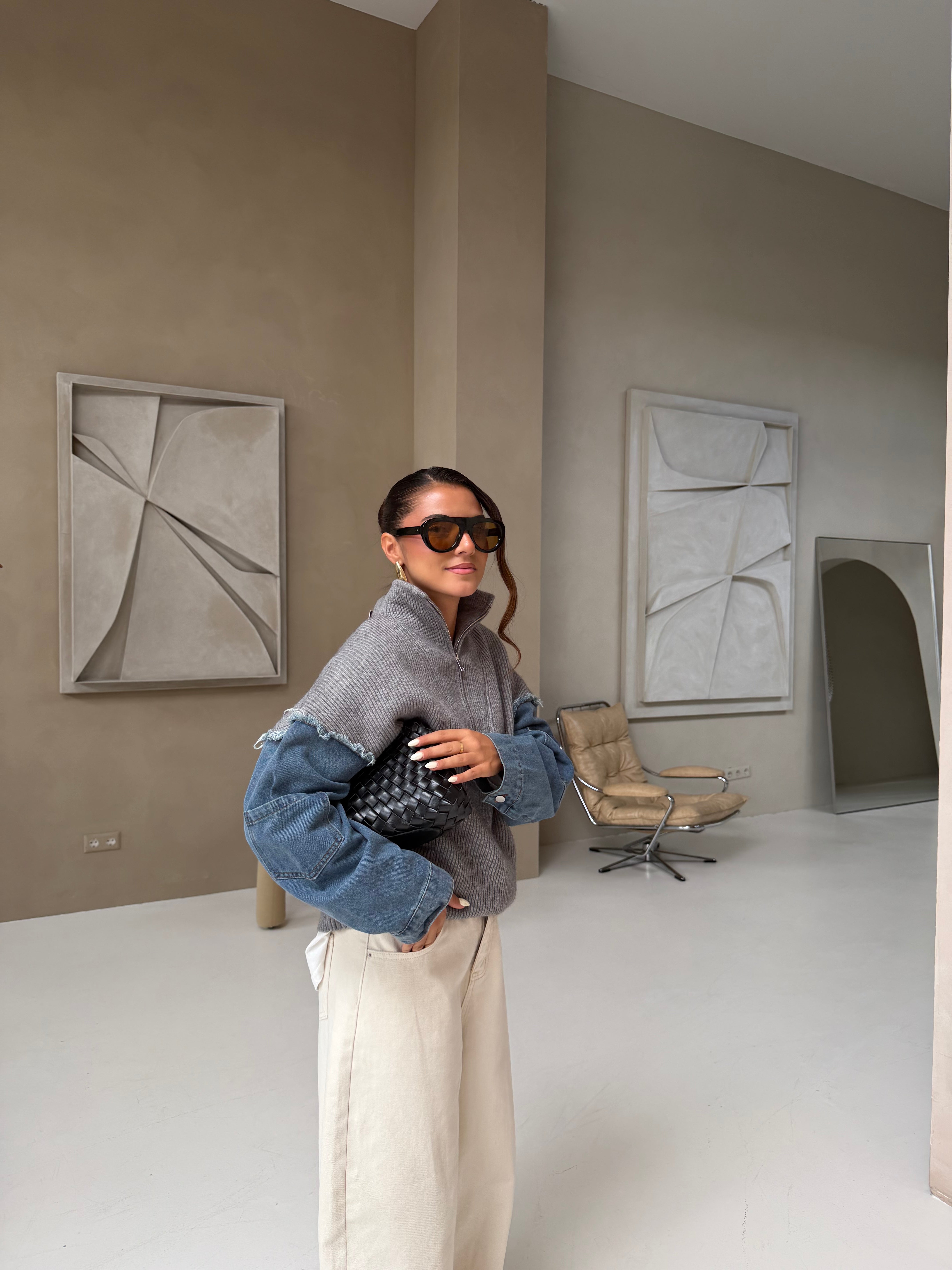 Pull ZIP bi matière gris (H903)